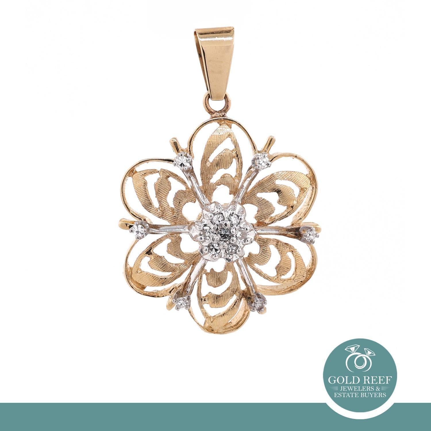 0.25 TW Diamond Flower Pendant 2-Tone Filigree Brushed Gold 1.5" Vintage Estate
