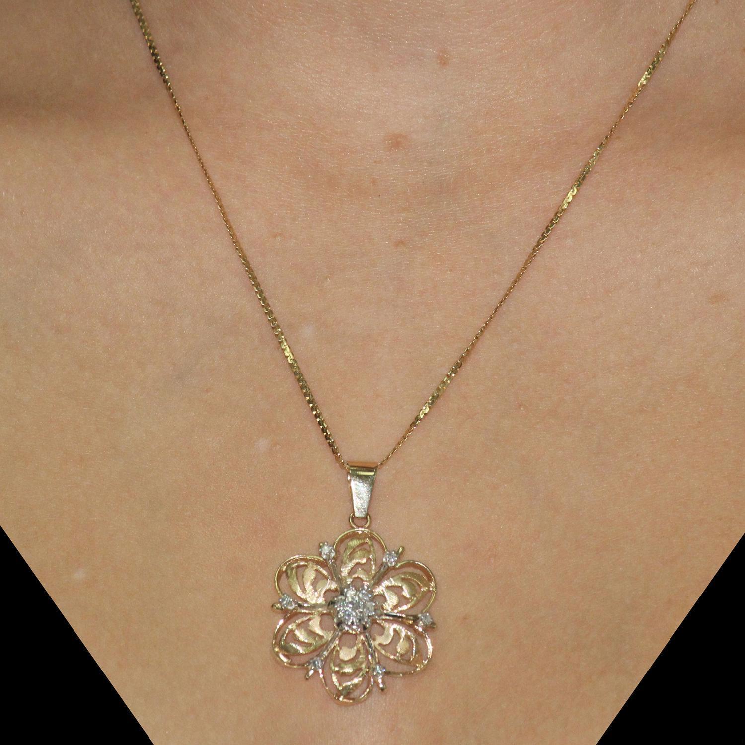 0.25 TW Diamond Flower Pendant 2-Tone Filigree Brushed Gold 1.5" Vintage Estate