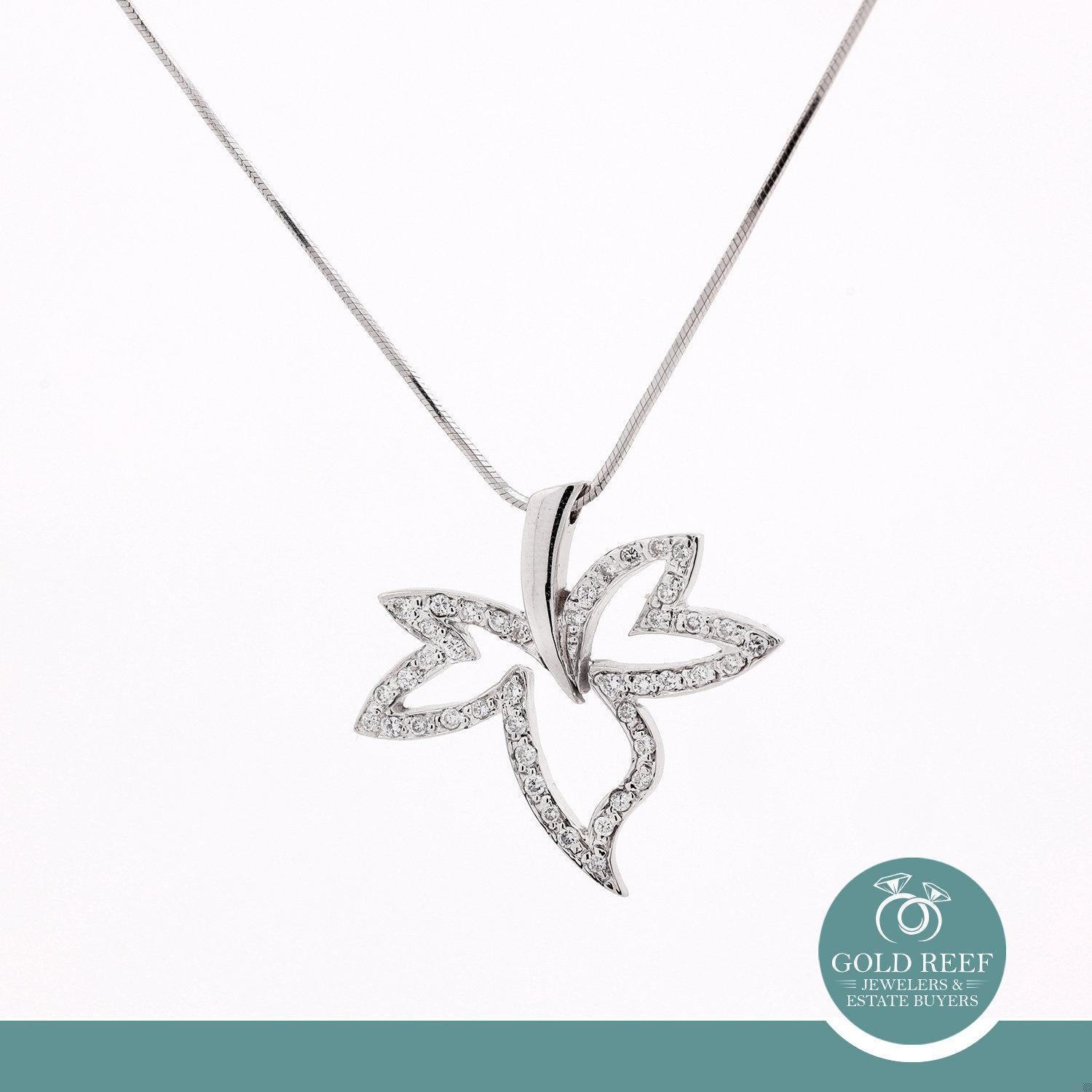 0.50 TW Diamond Leaf Pendant Snake Chain Necklace 18K White Gold 17"
