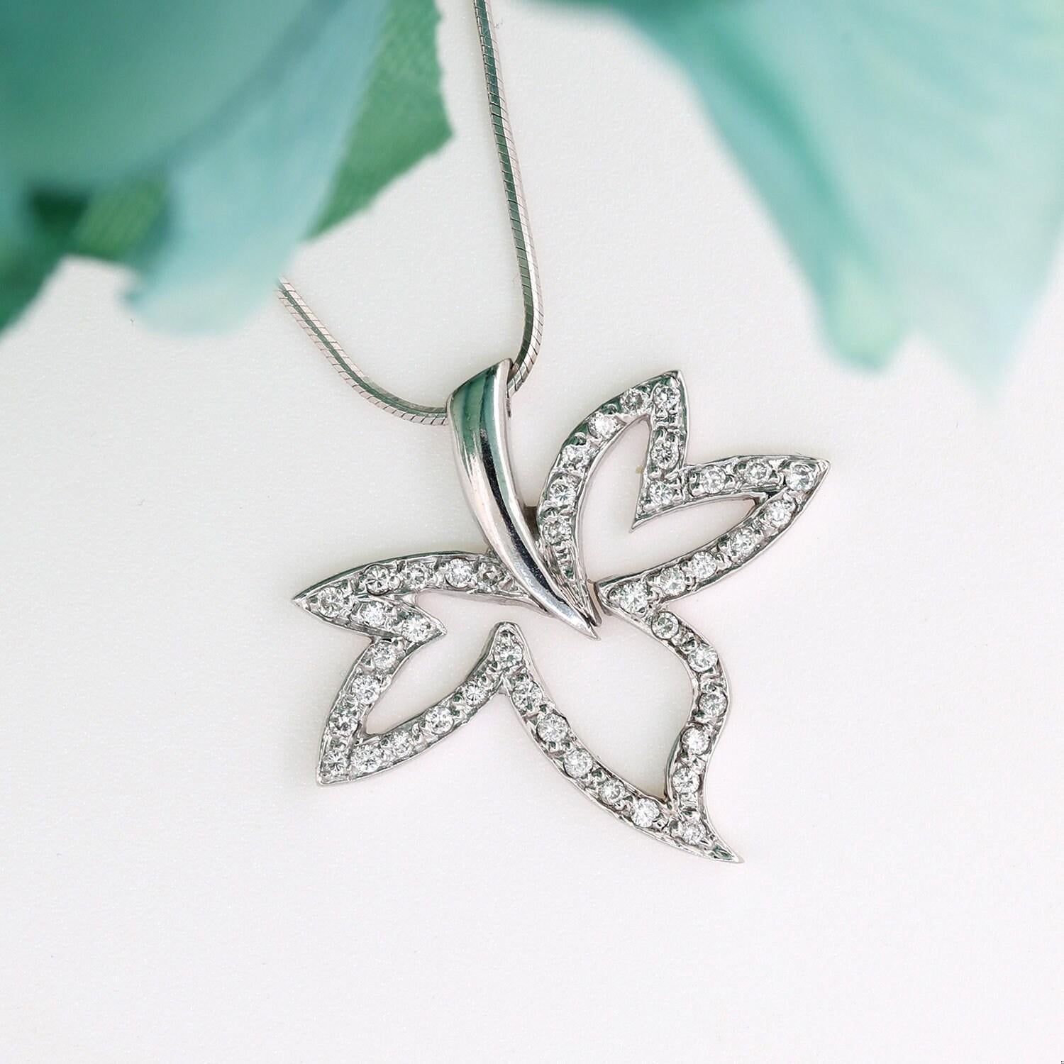 0.50 TW Diamond Leaf Pendant Snake Chain Necklace 18K White Gold 17"