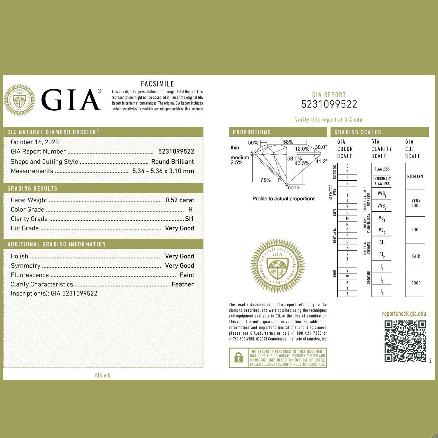 0.52 CT Diamond Solitaire Engagement Ring GIA Certificate 14K White Gold SZ 7.5