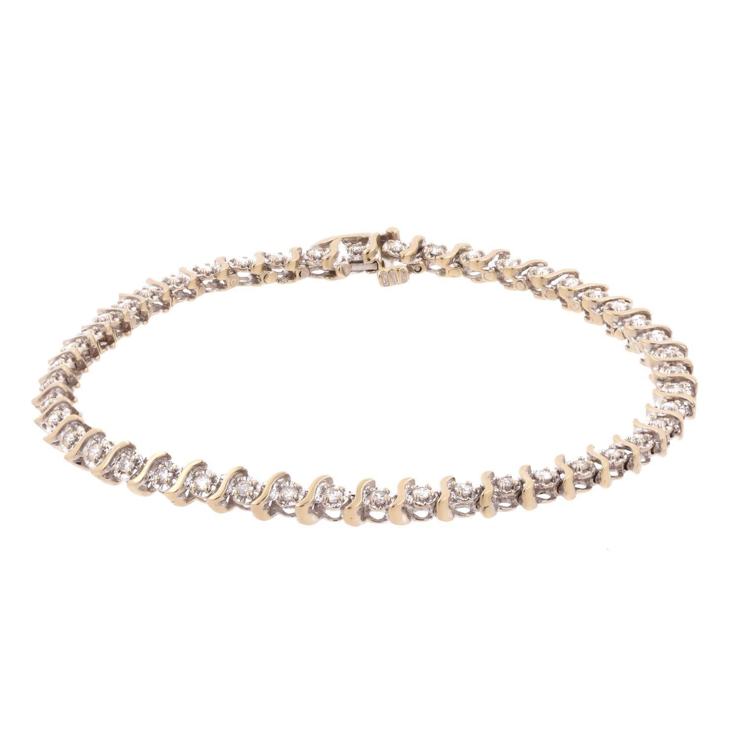 1.00 TW Diamond S-Link Tennis Bracelet 14K Gold Round Diamonds 7.25" Ladies