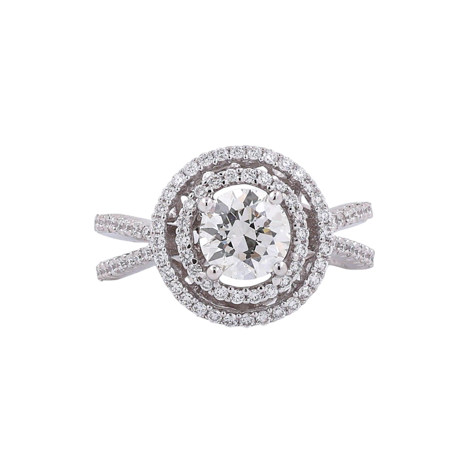 GIA 1.10 CT Round Diamond Halo Engagement Ring 18K White Gold VS1 1.63 CTW