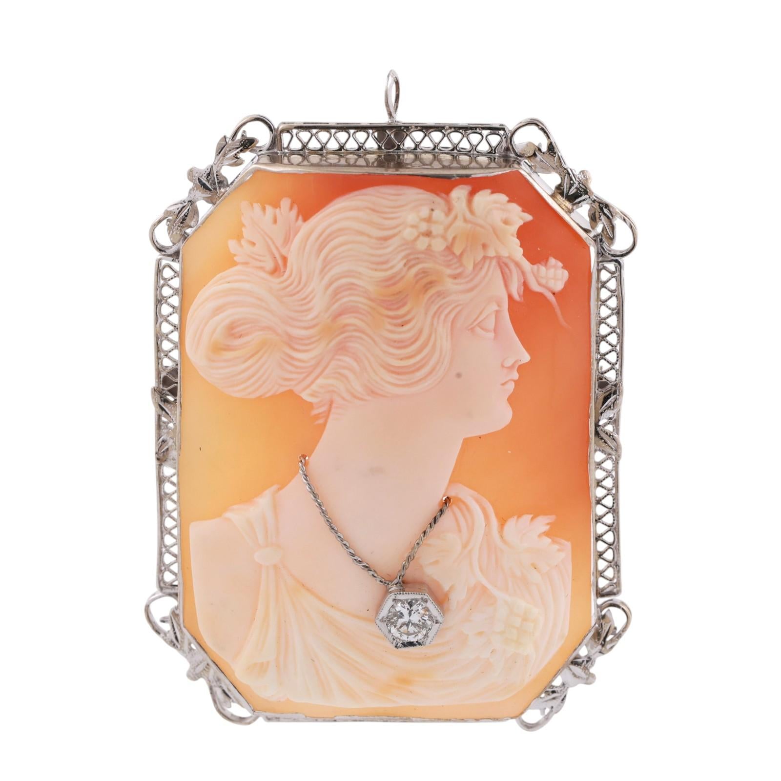 Vintage Large Art Nouveau Diamond Cameo Brooch Pin White Gold 2.25" Ladies