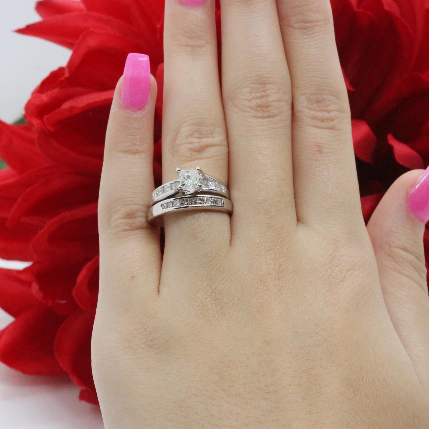 1.50 TW Solitaire Princess Cut Diamond Wedding Ring Set 14K White Gold Size 5.5