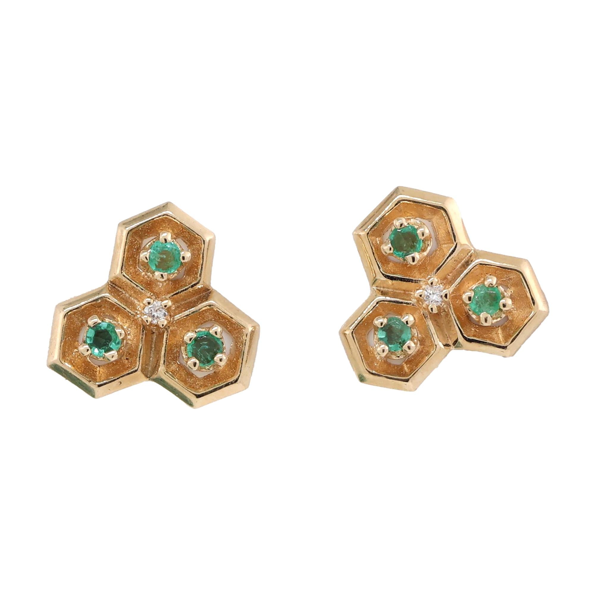 Green Tourmaline Diamond Stud Earrings 14K Yellow Gold Ladies Vintage Estate