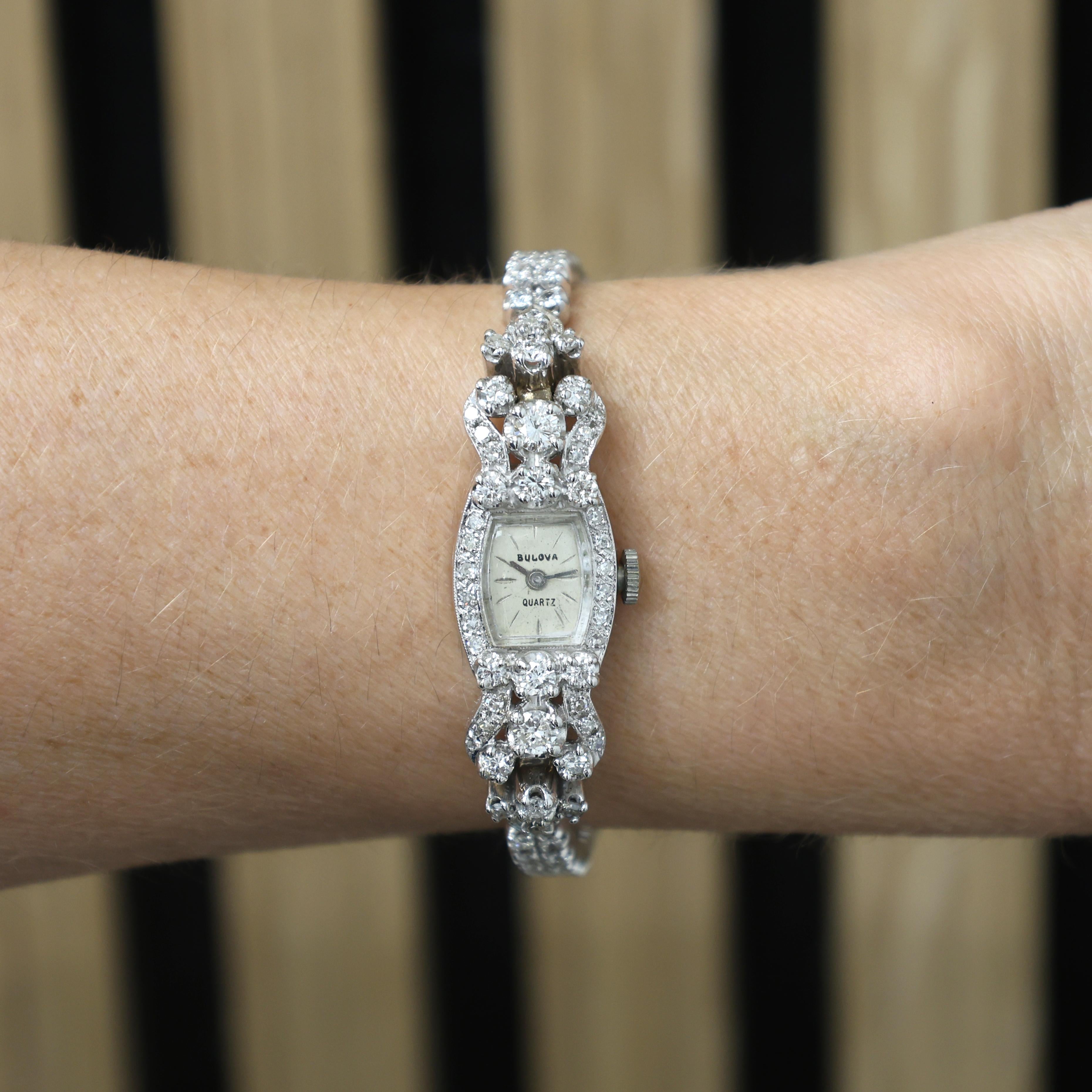 Waltham Bulova Quartz Ladies Diamond Wrist Watch White Gold 2.50 TW 6.5" Estate