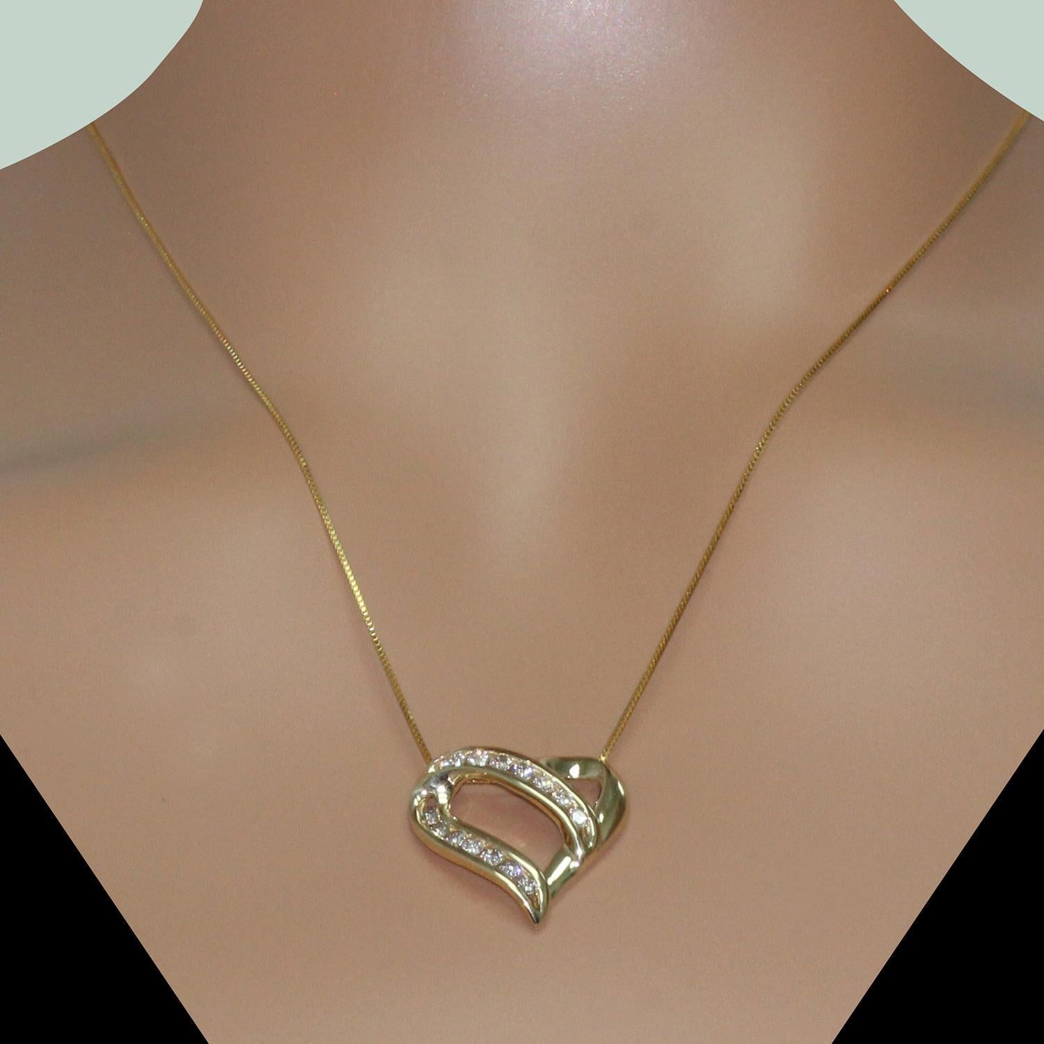 Diamond Swirl Heart Pendant 14K Yellow Gold 0.50 TW Channel Set 0.75" Estate
