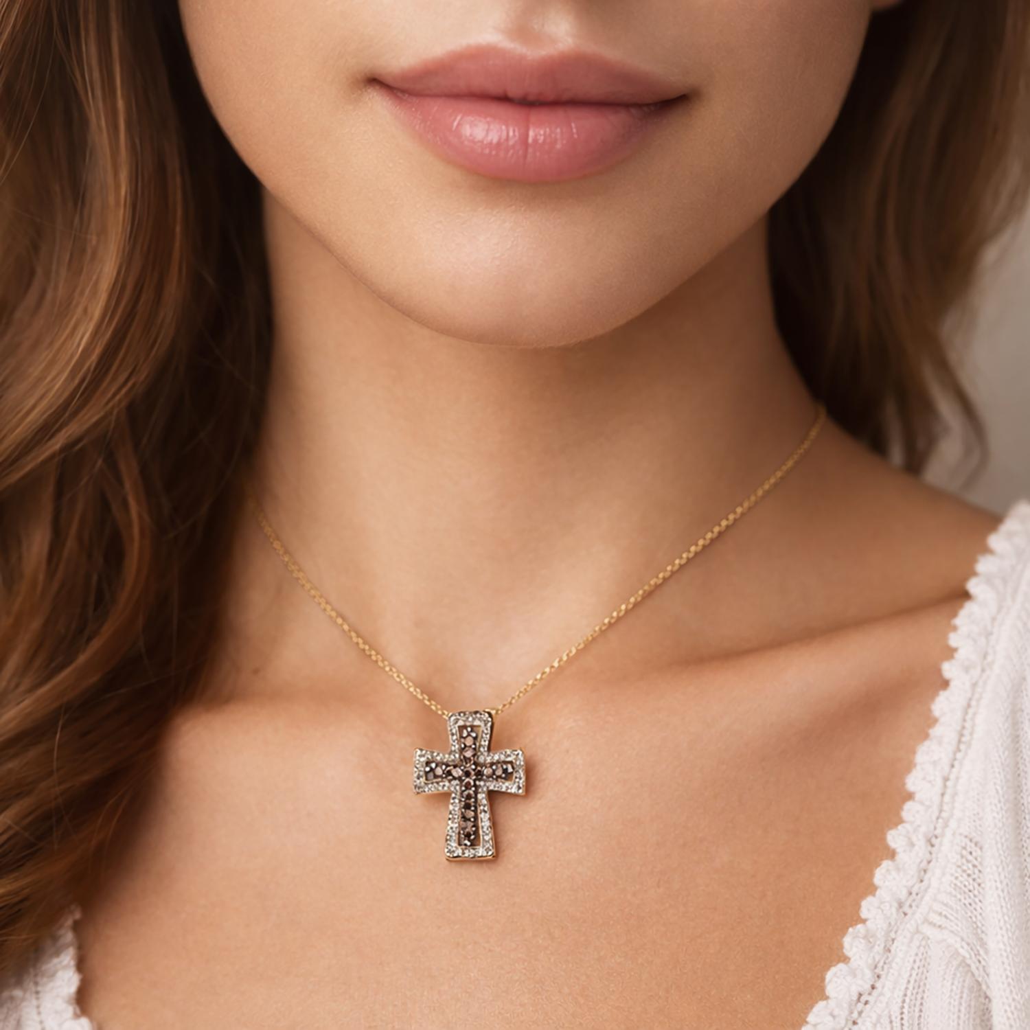 Diamond Cross Pendant Charm 14K Gold 0.66 TW Cognac White Diamonds 0.90"