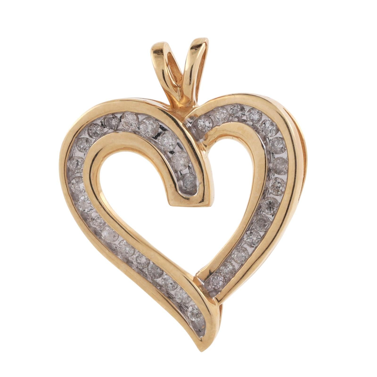 Diamond Open Heart Pendant 14K Gold 0.50 TW Channel Set 1" Ladies Estate