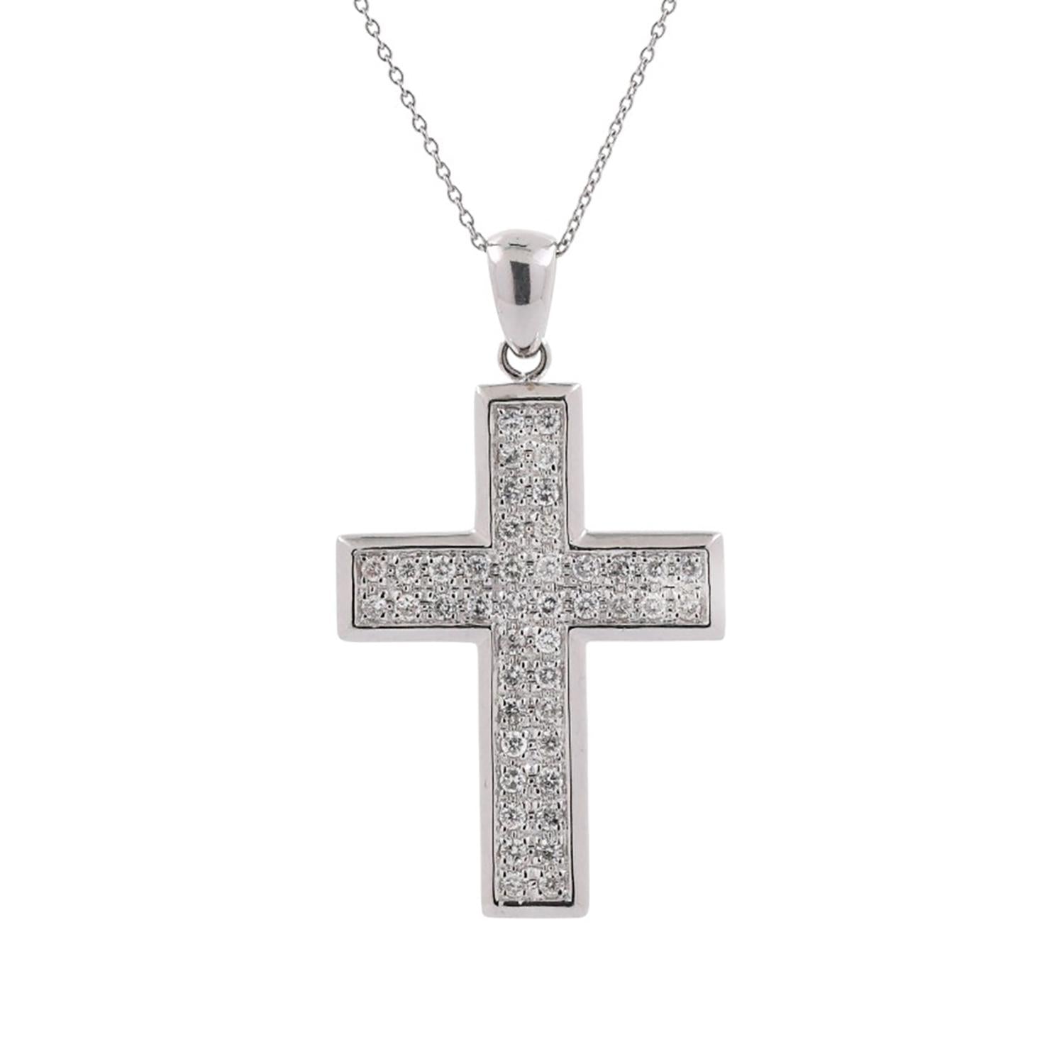 Cluster Diamond Cross Pendant Chain Necklace 14K White Gold 0.75 TW 15.5"