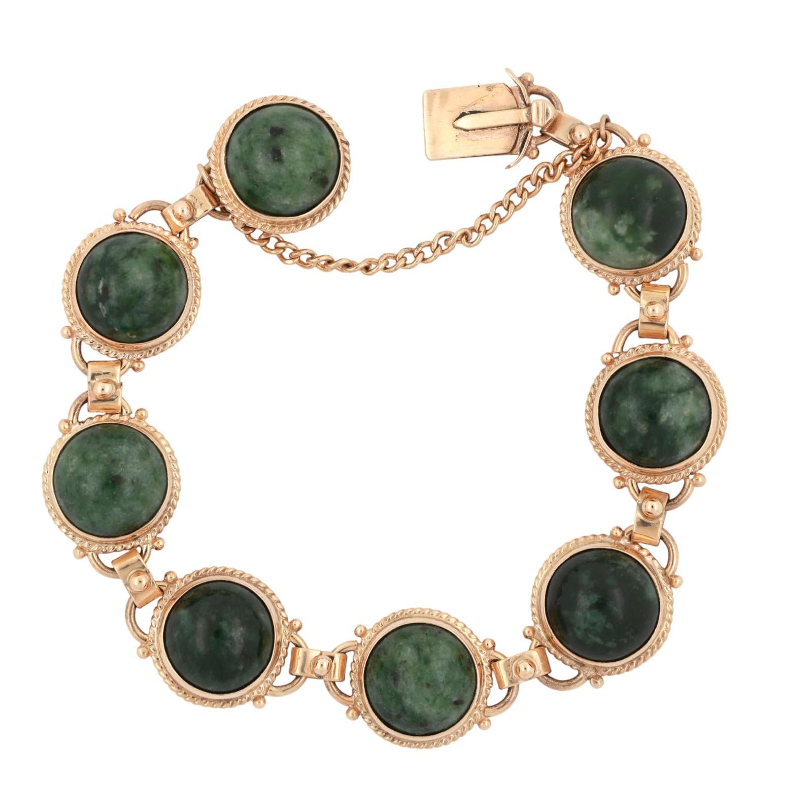 Cabochon Jadeite Gemstone Station Bracelet Yellow Gold 6.75" Unisex Estate