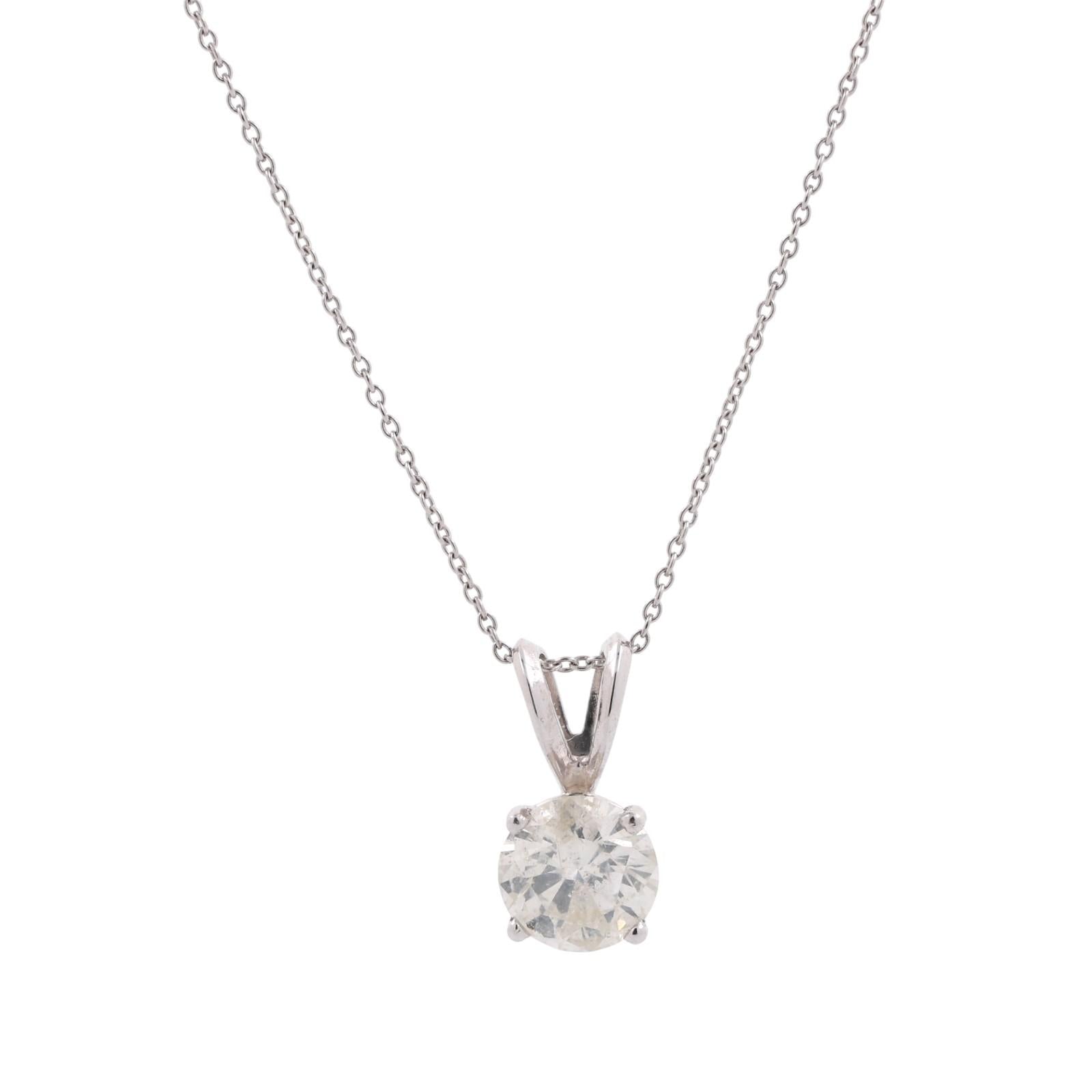 1.07 CT Solitaire Round Diamond Pendant Chain Necklace 14K White Gold 18"