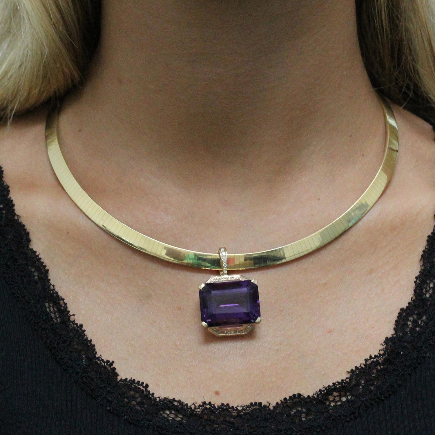 33 CT Emerald Cut Amethyst Diamond Pendant 14K Yellow Gold 1.25" Estate