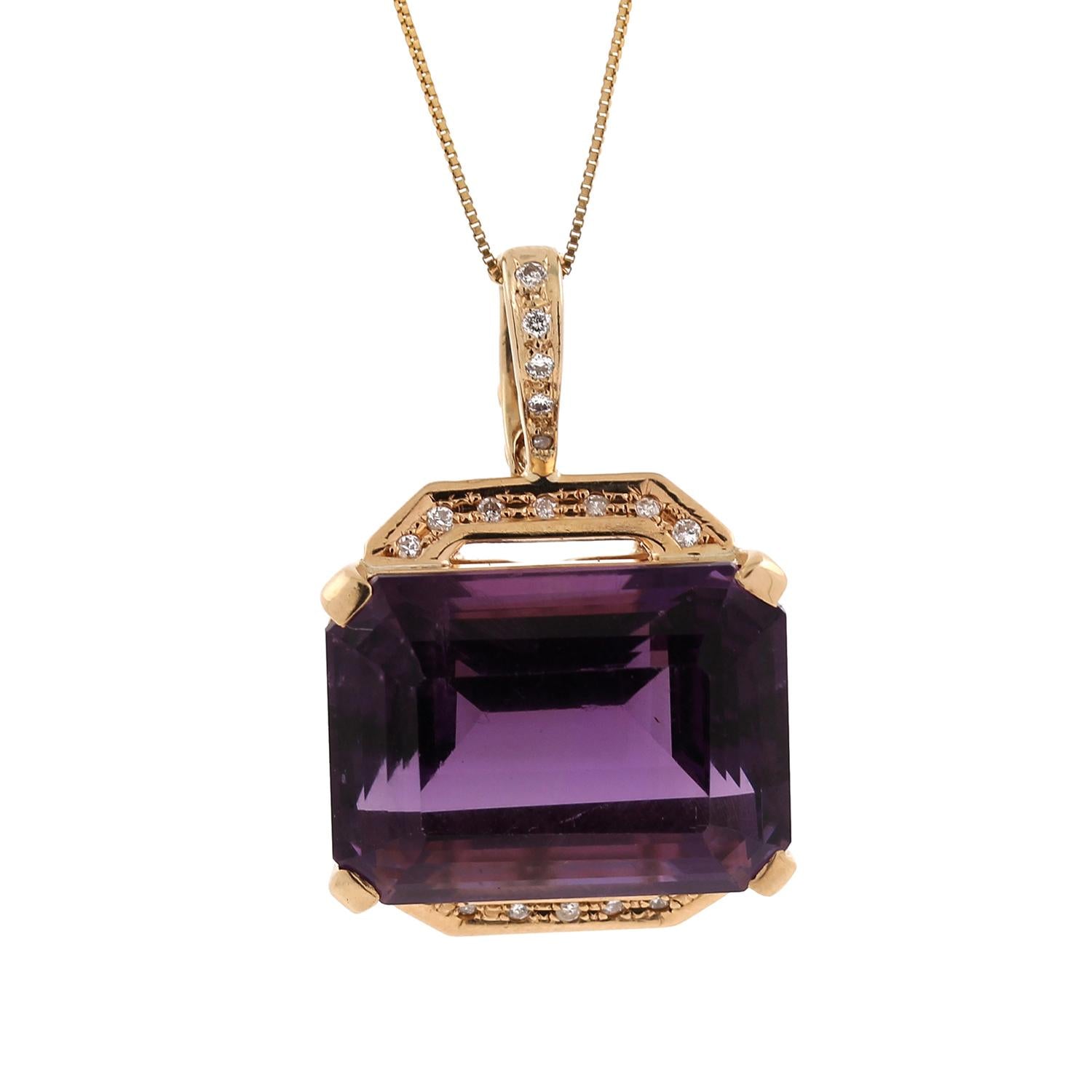 33 CT Emerald Cut Amethyst Diamond Pendant 14K Yellow Gold 1.25" Estate