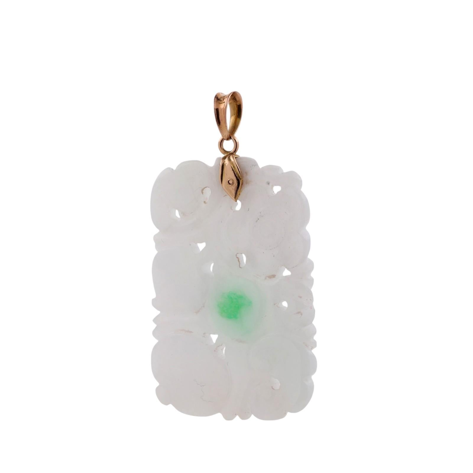 Vintage Carved White & Green Jade Pendant 14K Yellow Gold Unisex Estate 2"