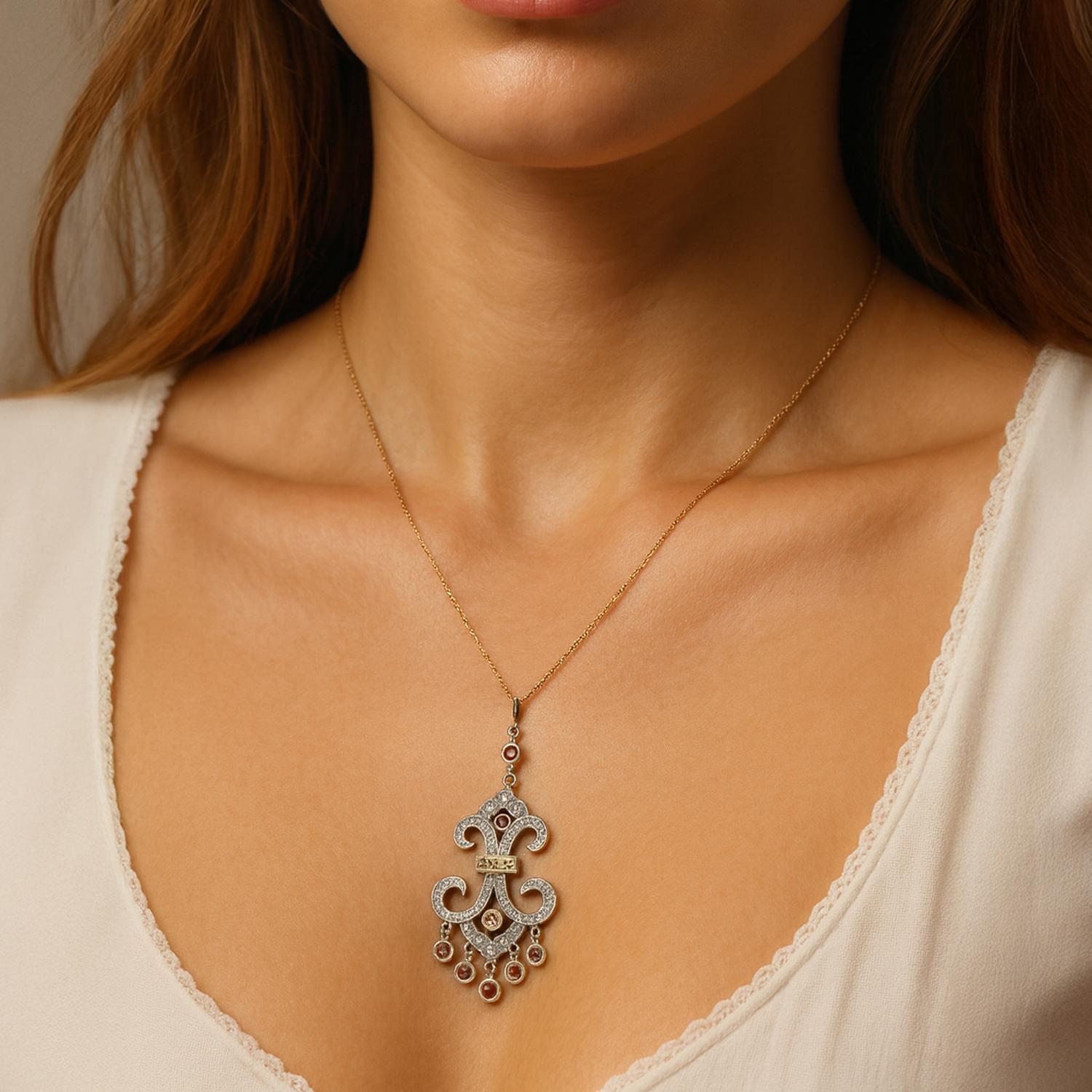 Diamond Chandelier Dangling Pendant Chain Necklace 14K Gold 18" Vintage