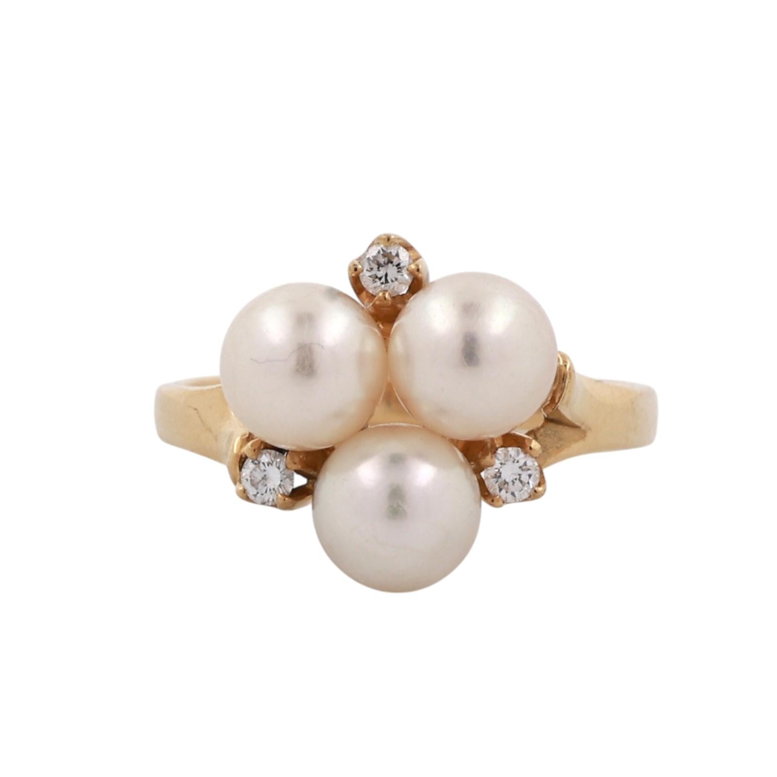 Mikimoto 18K Yellow Gold Akoya Pearl Diamond Ring 3 Pearl Estate SIze 4.75