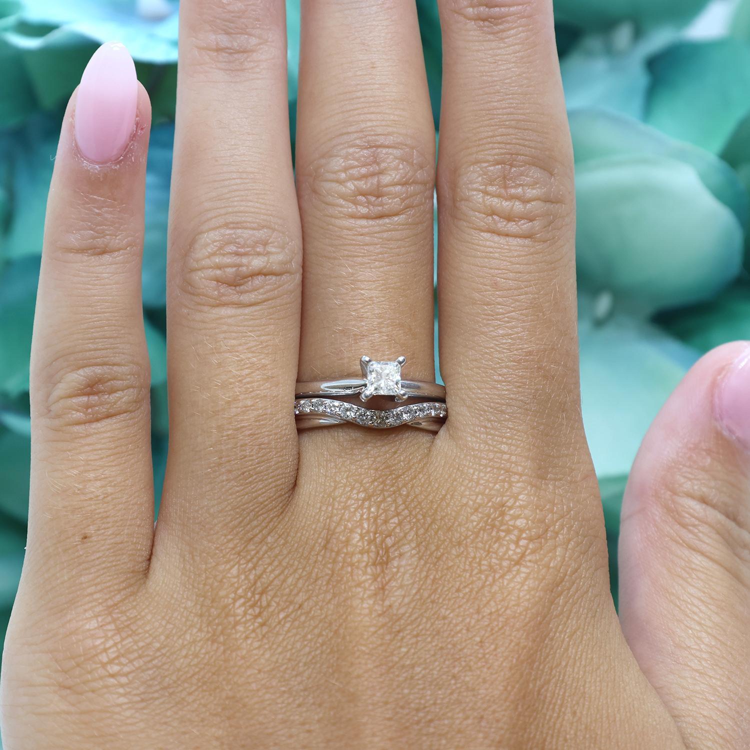 0.65 TW Princess Cut Diamond Accent Wedding Ring Set 14K White Gold Size 6.75