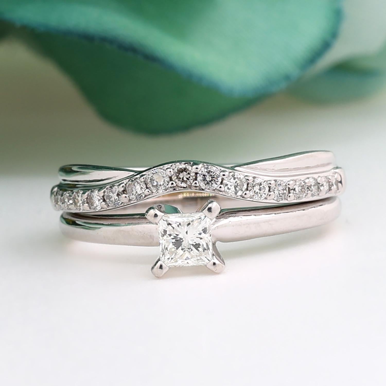0.65 TW Princess Cut Diamond Accent Wedding Ring Set 14K White Gold Size 6.75