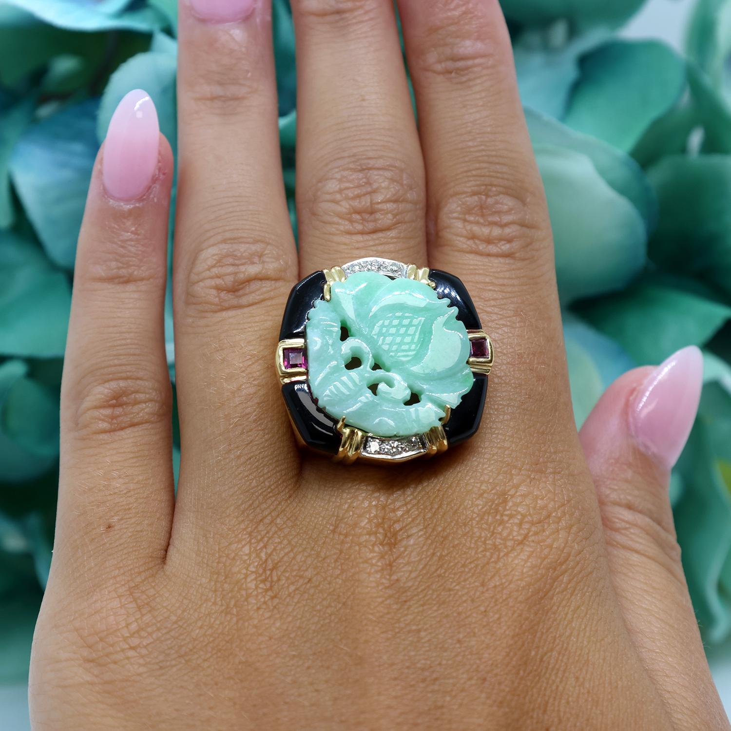 Vintage Carved Jadeite Ring Ruby Diamond Onyx Accents 18K Yellow Gold Size 6.5