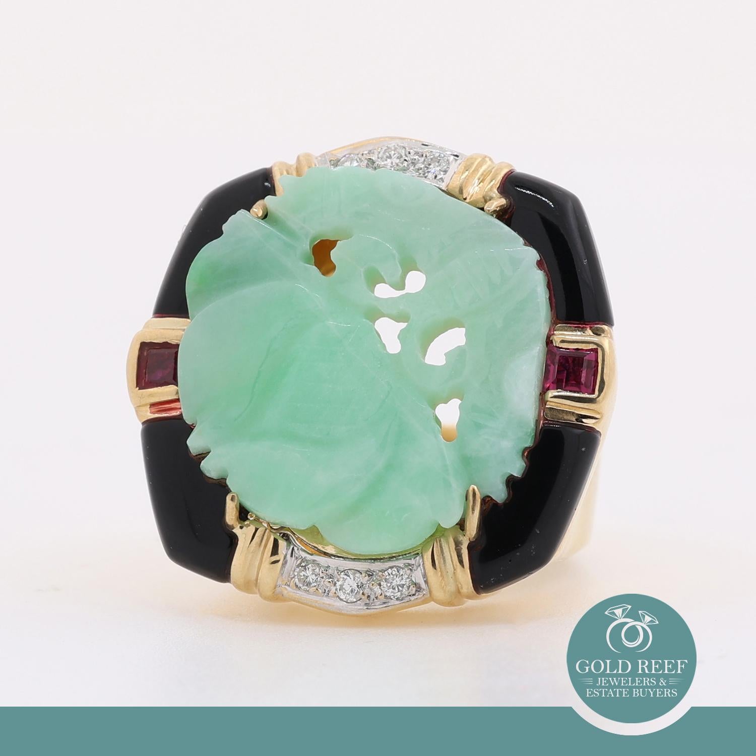 Vintage Carved Jadeite Ring Ruby Diamond Onyx Accents 18K Yellow Gold Size 6.5