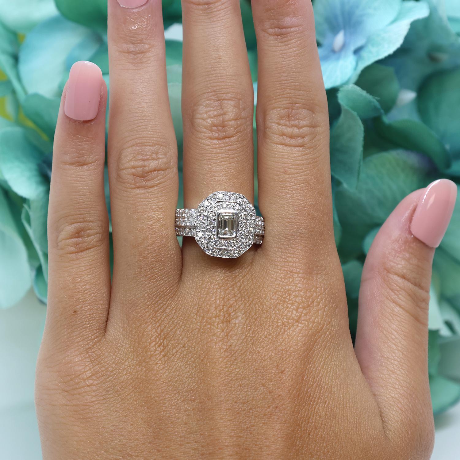 Emerald Cut Halo Diamond Engagement Ring 18K White Gold 1.90 TW Size 7.75 Ladies