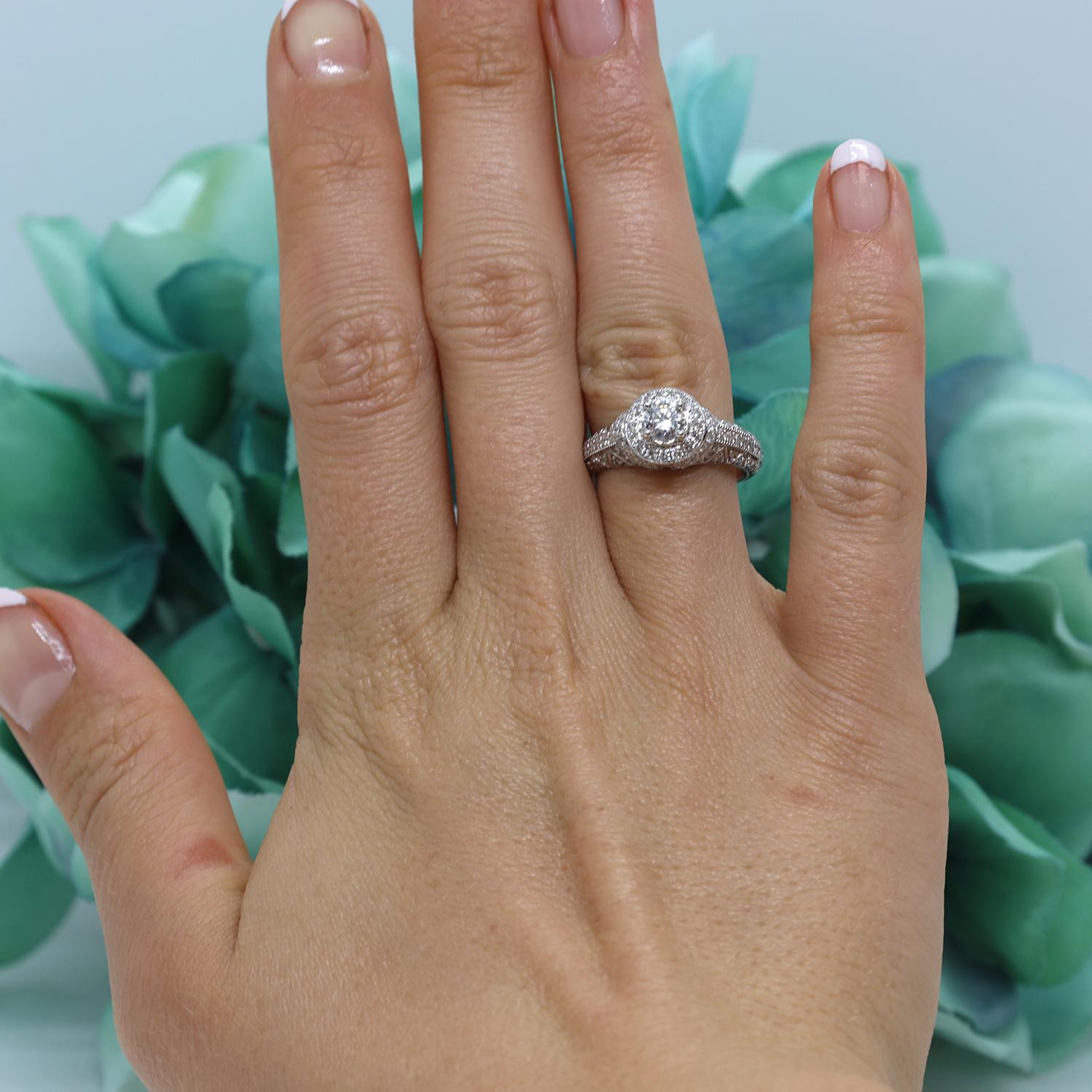 Round Halo Diamond Engagement Ring 14K White Gold 1.40 TW Size 5.5 Vintage