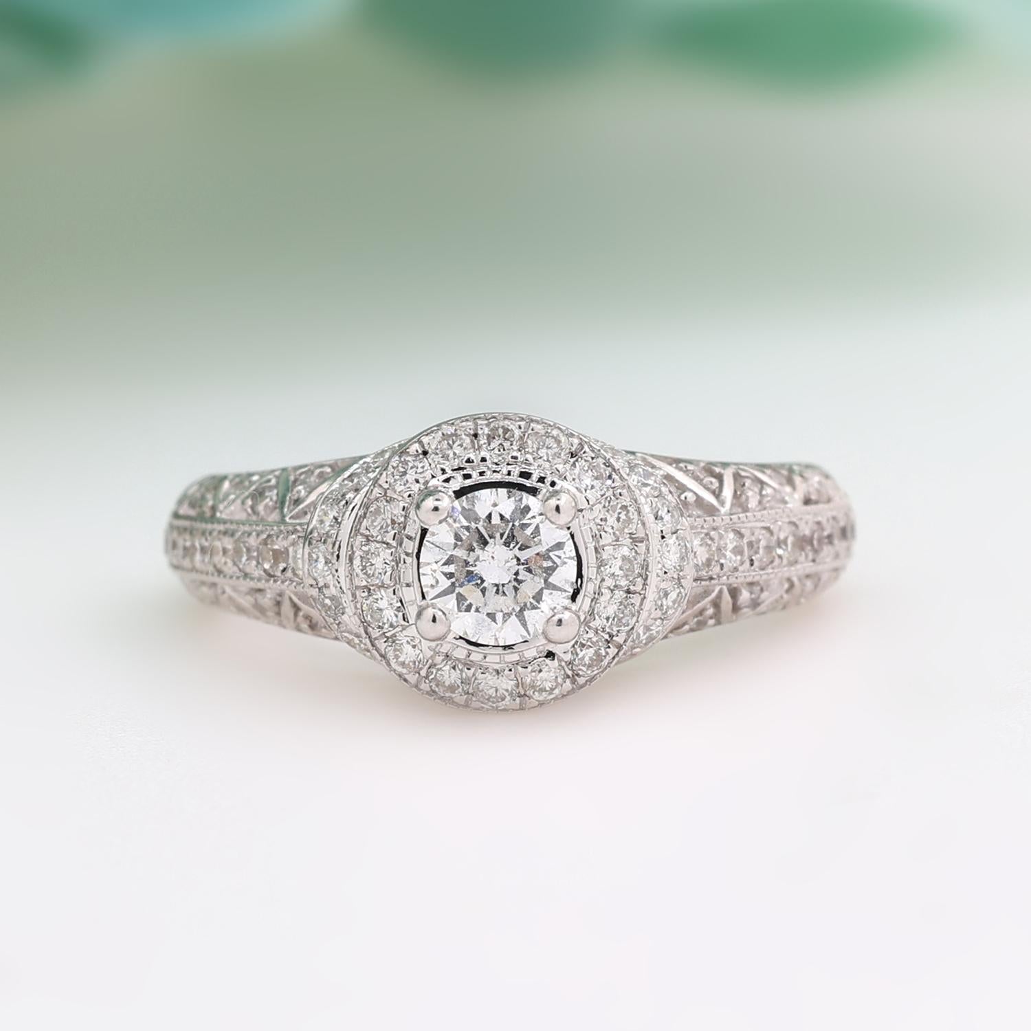 Round Halo Diamond Engagement Ring 14K White Gold 1.40 TW Size 5.5 Vintage