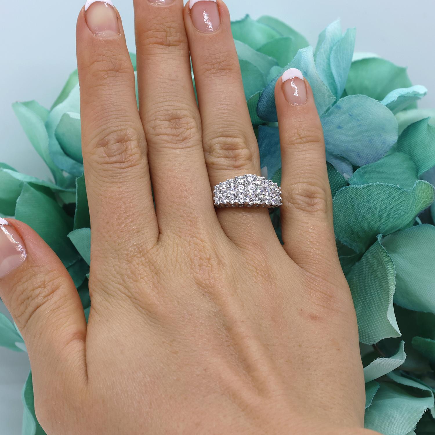 3-Row Cubic Zirconia Gem Dome Ring 14K White Gold Size 7.5 Estate