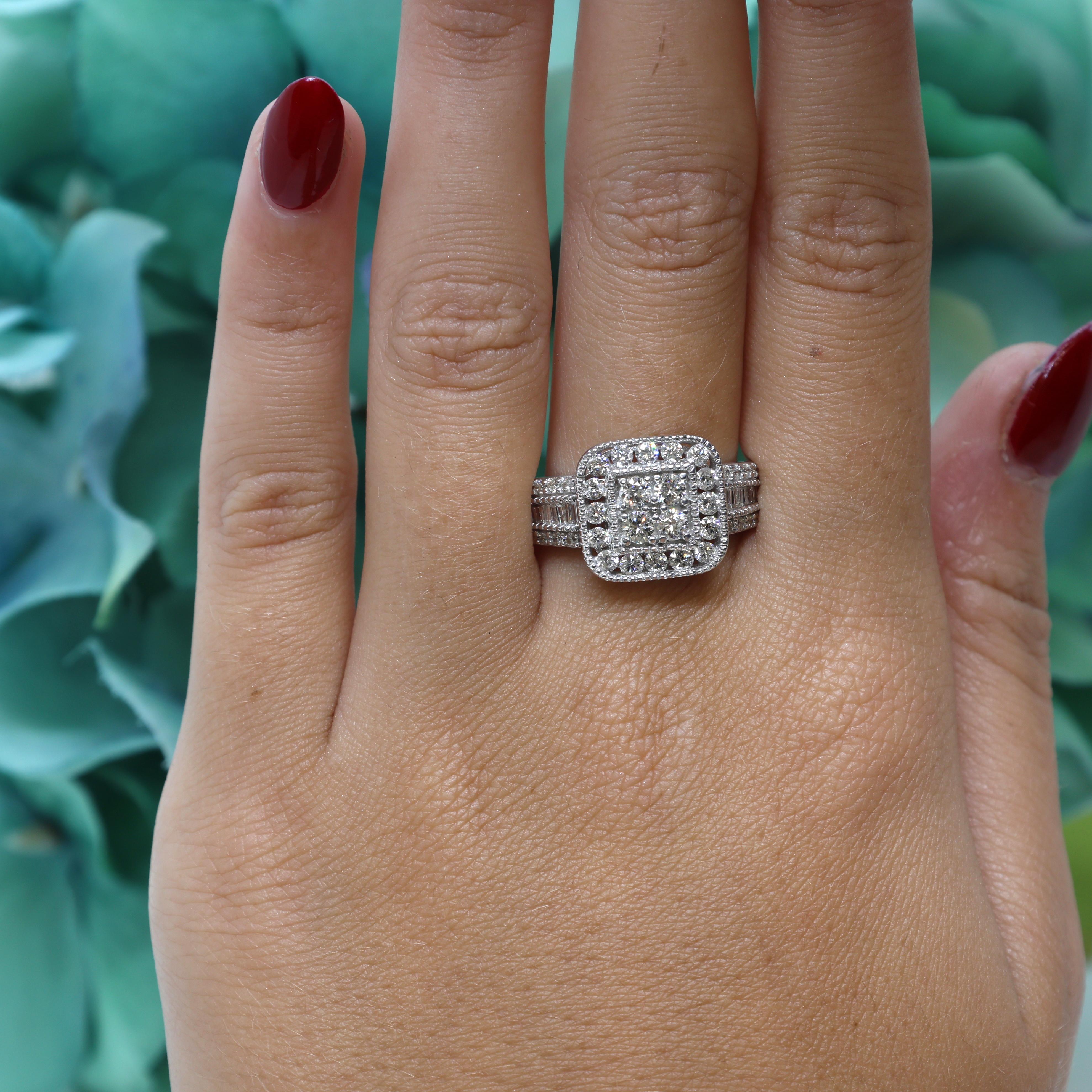 Cluster Diamond Square Halo Ring 10K White Gold Round Baguette Diamond Size 7.25