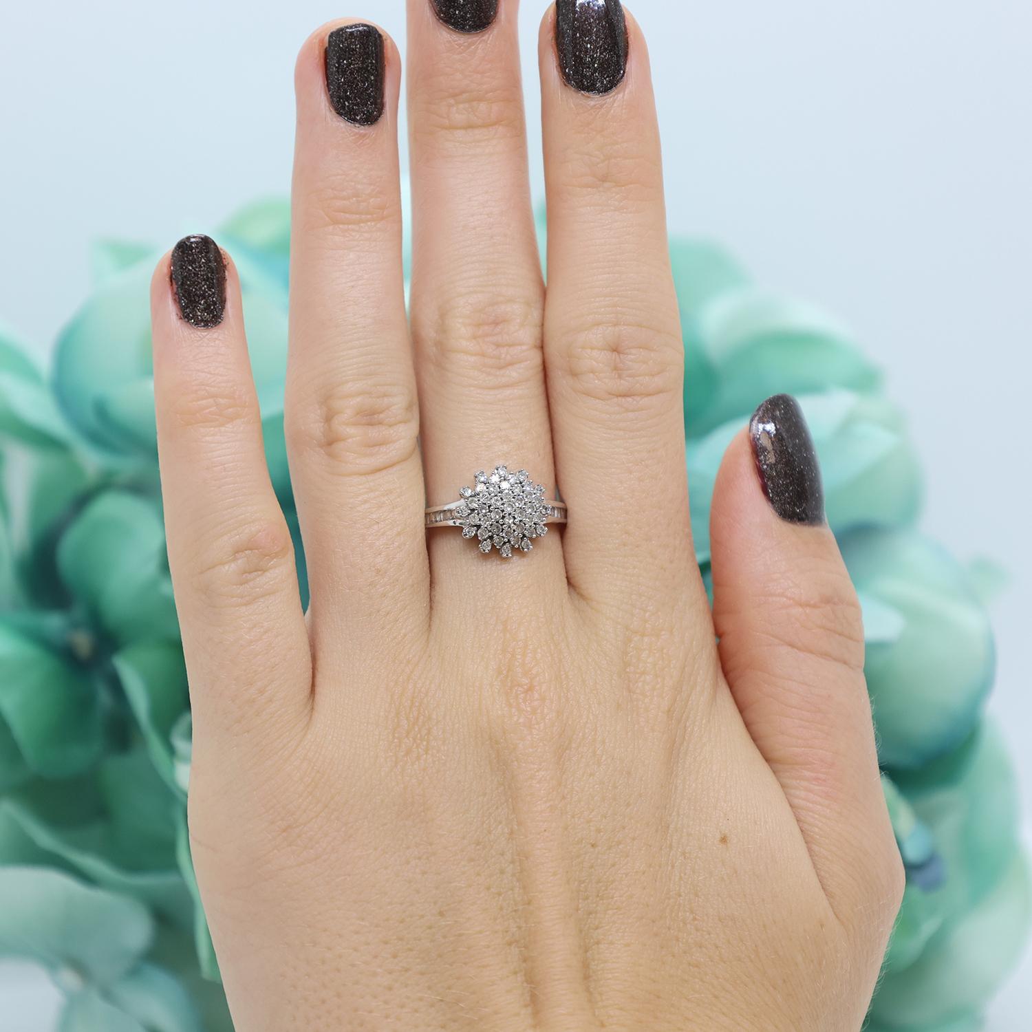 Cluster Diamond Floral Ring 10K White Gold 0.50 TW Round Baguette Size 7