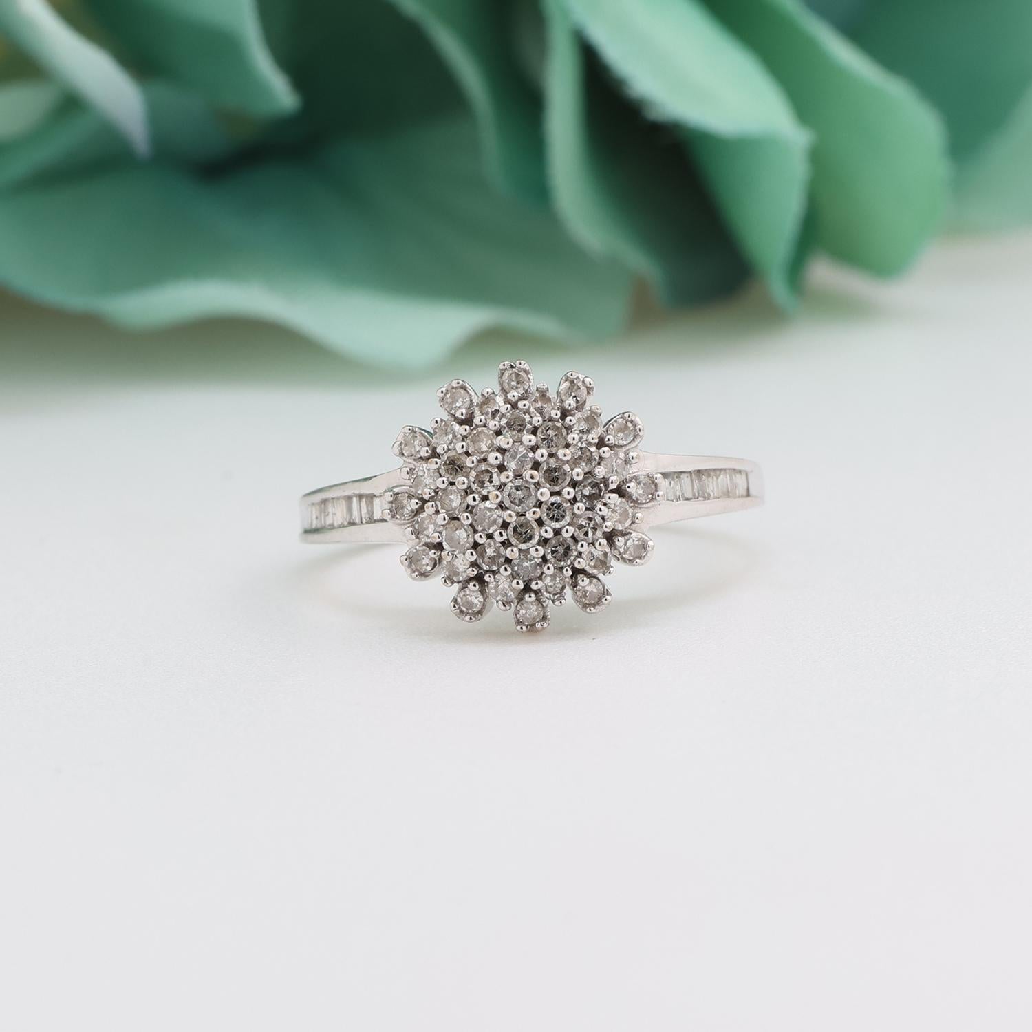 Cluster Diamond Floral Ring 10K White Gold 0.50 TW Round Baguette Size 7