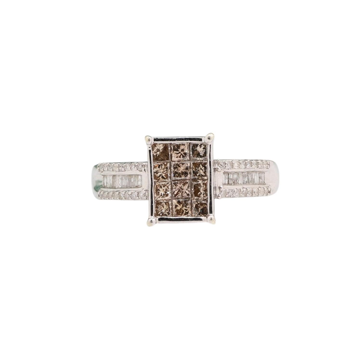 1.00CTW Cognac & White Diamond Ring 10K White Gold Princess Baguette Round Sz 7