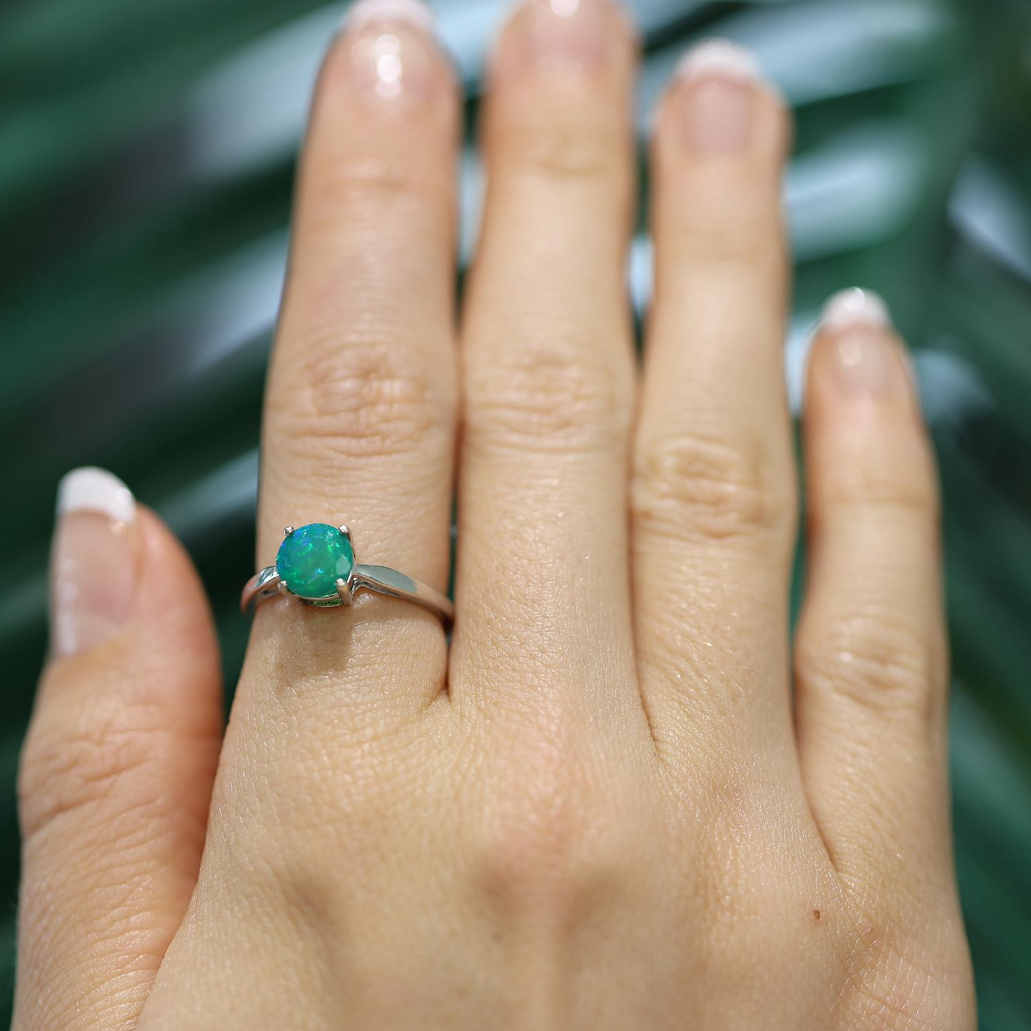 Solitaire Green Round Opal Ring 10K White Gold 1.00 CT Lab Created Size 7