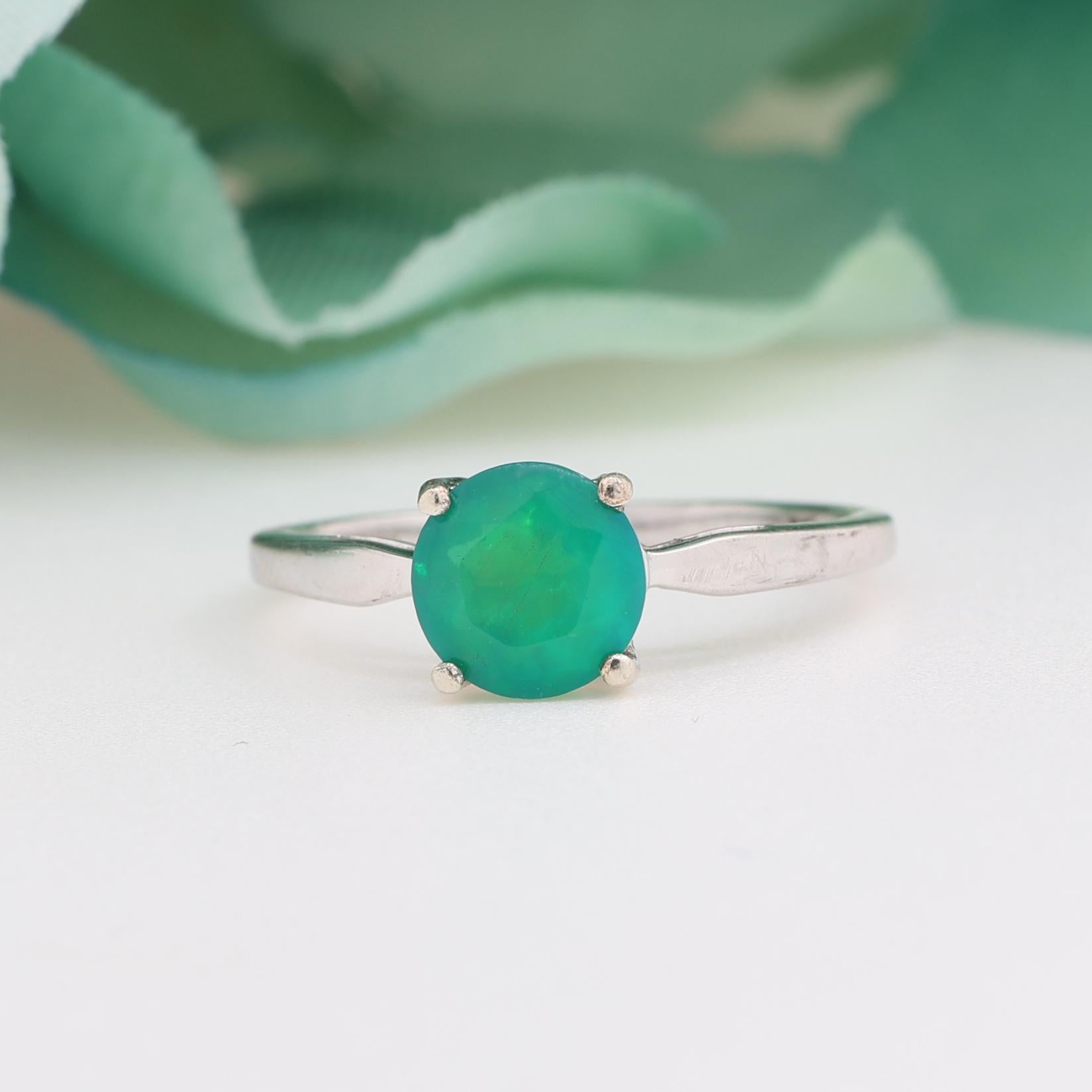 Solitaire Green Round Opal Ring 10K White Gold 1.00 CT Lab Created Size 7