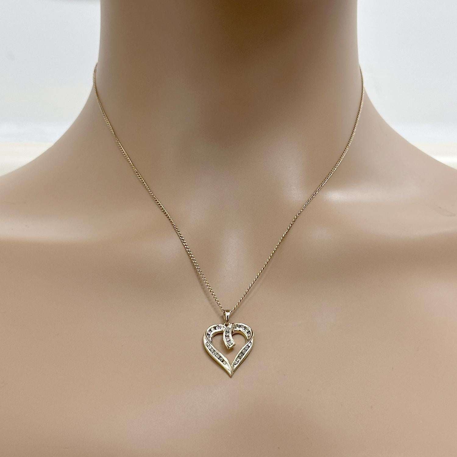 Diamond Open Heart Pendant 10K Yellow Gold 0.35 TW Channel Set 0.90" Ladies