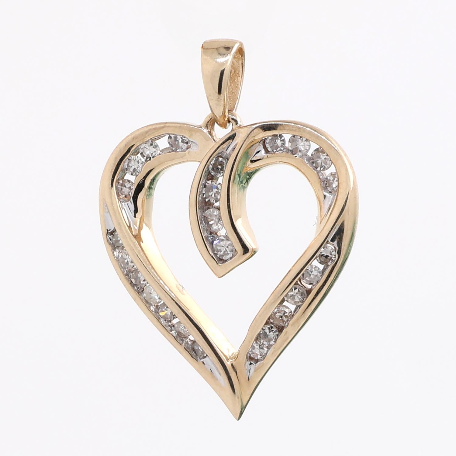 Diamond Open Heart Pendant 10K Yellow Gold 0.35 TW Channel Set 0.90" Ladies