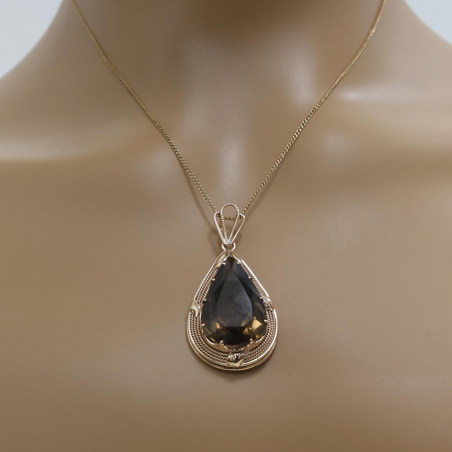 Vintage Smoky Quartz Gemstone Pendant 10K Yellow Gold 32.25 TW 2"