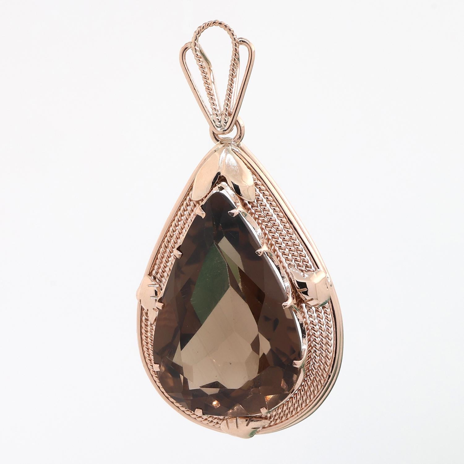 Vintage Smoky Quartz Gemstone Pendant 10K Yellow Gold 32.25 TW 2"