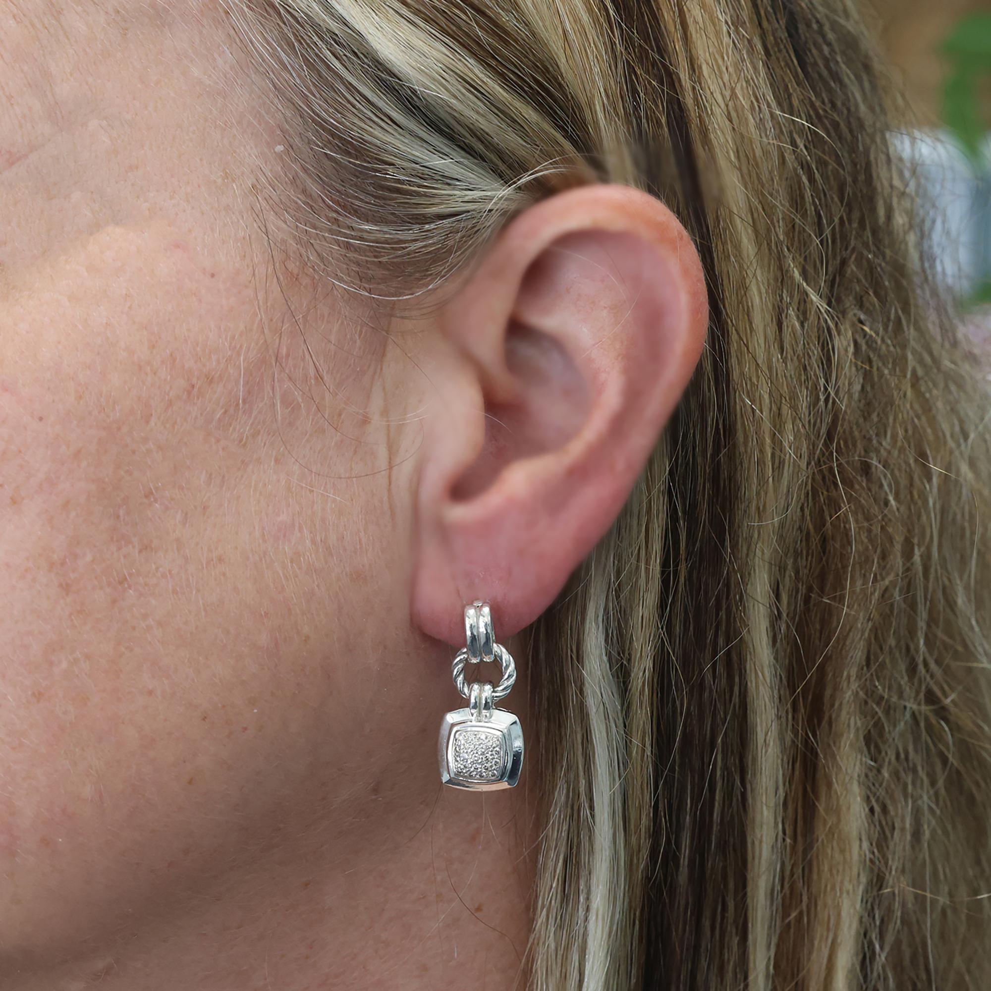 David Yurman Dangle Albion Pave Diamond Earrings 0.28 TW Sterling Silver 0.95"