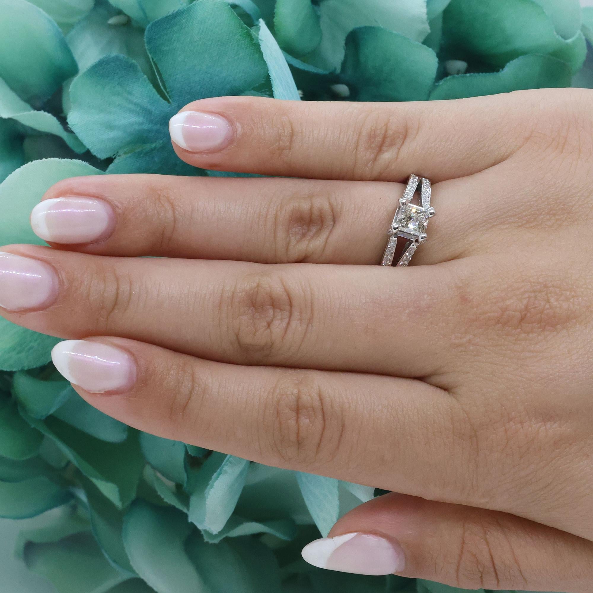 Solitaire Princess Diamond Accent Engagement Ring 18K White Gold 1.53 TW Size 7