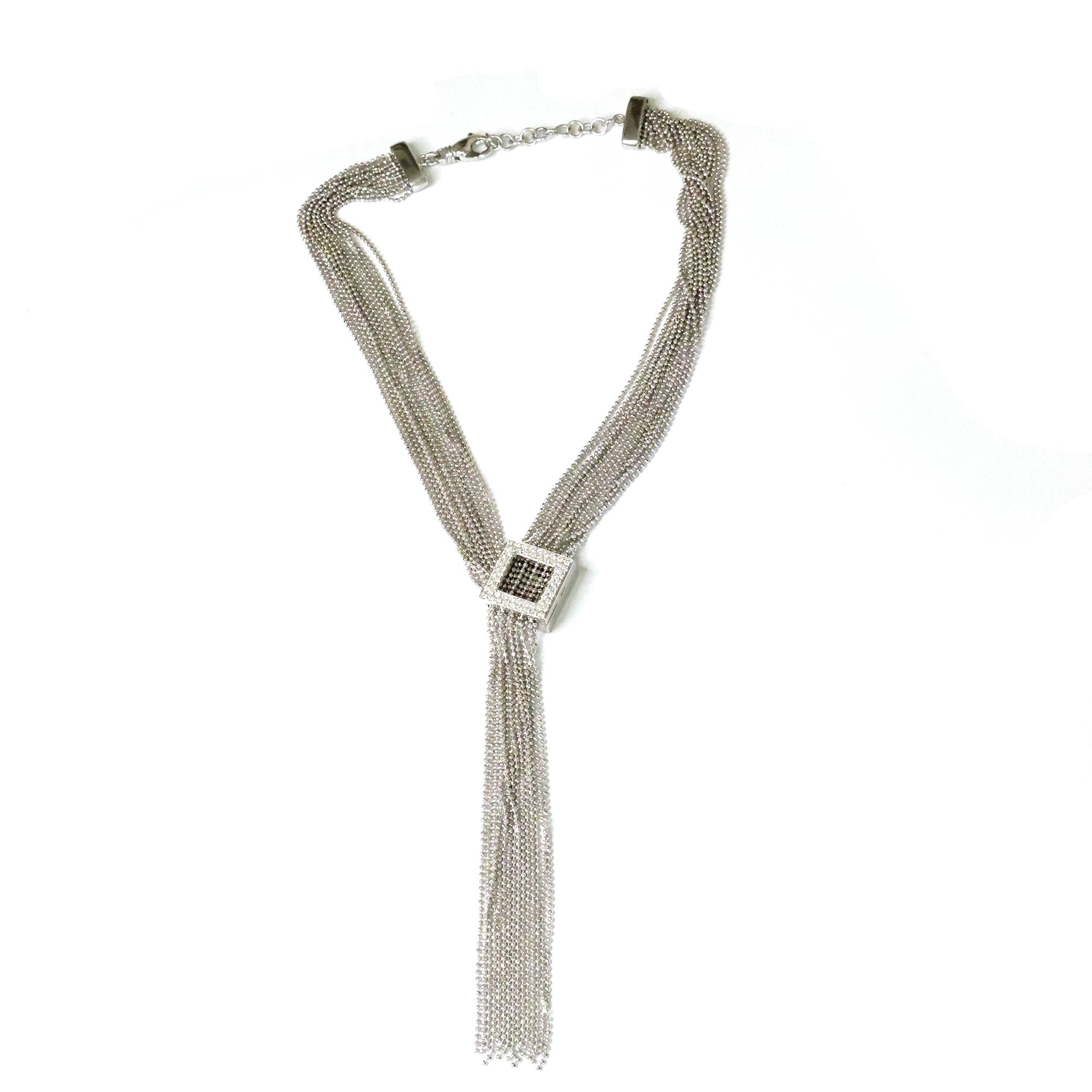 LEGNAZZI 18K White Gold Diamond Tassel Necklace Ball Chain 1.20 TW 15-17"