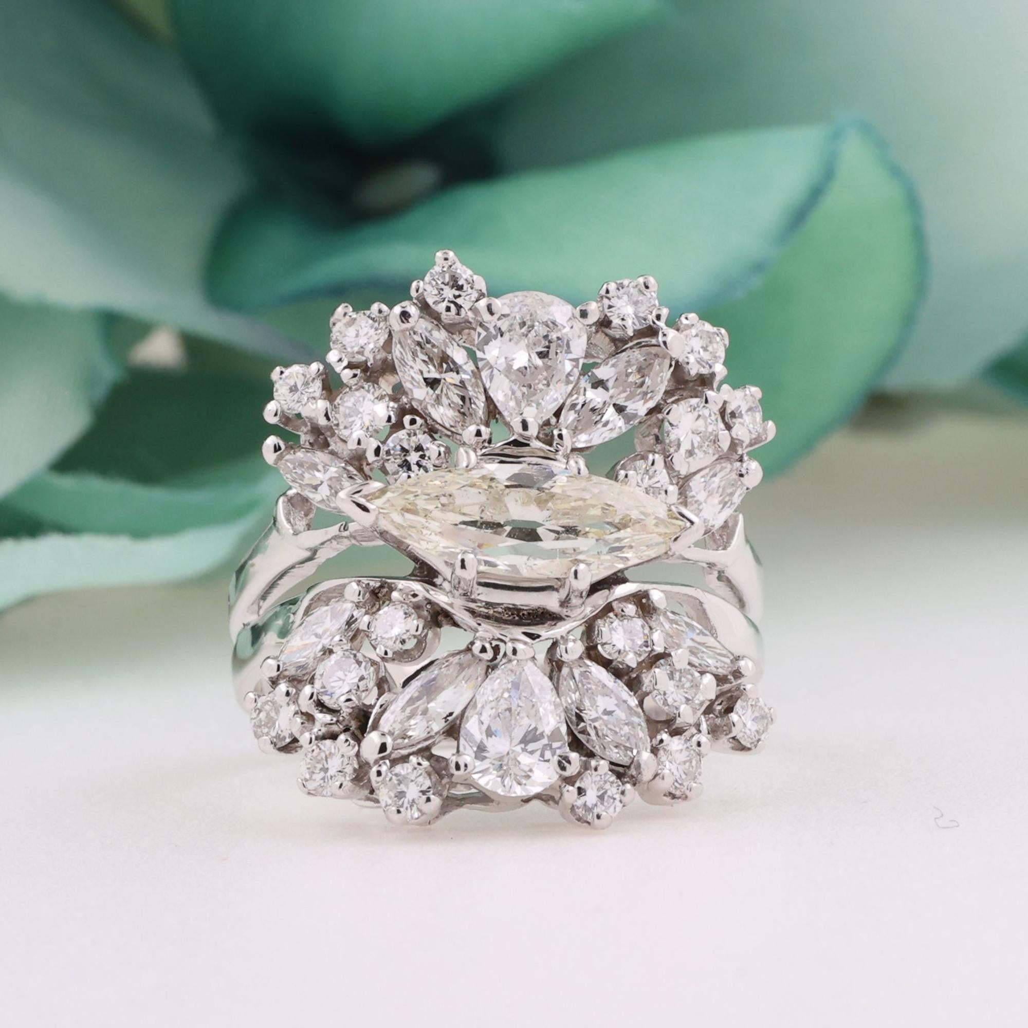 3.07CTW Diamond Cocktail Ring Marquise Pear Round Floral White Gold Size 8.75