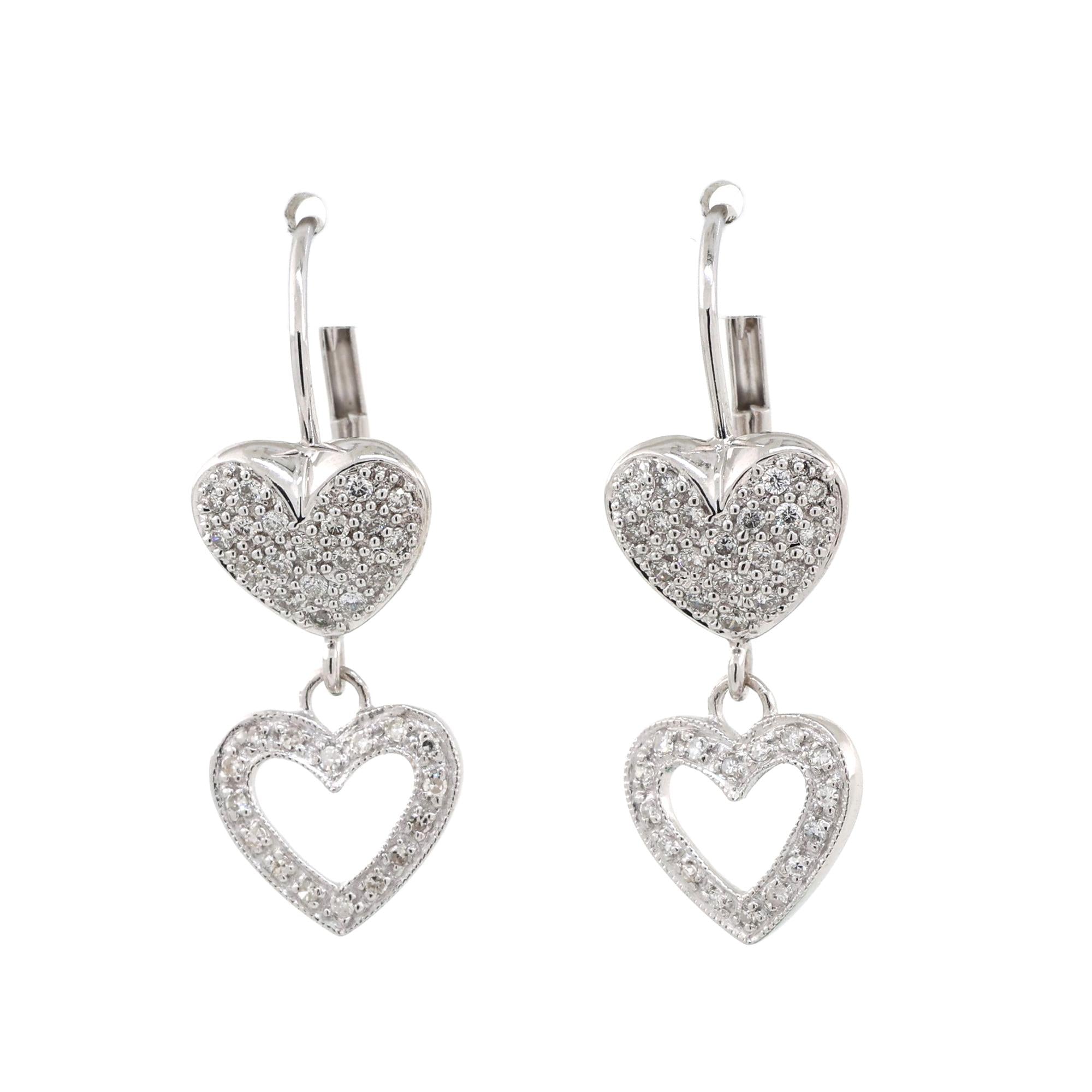 Diamond Heart Drop Dangle Earrings 14K White Gold 0.70 TW 1.15" Ladies Girls