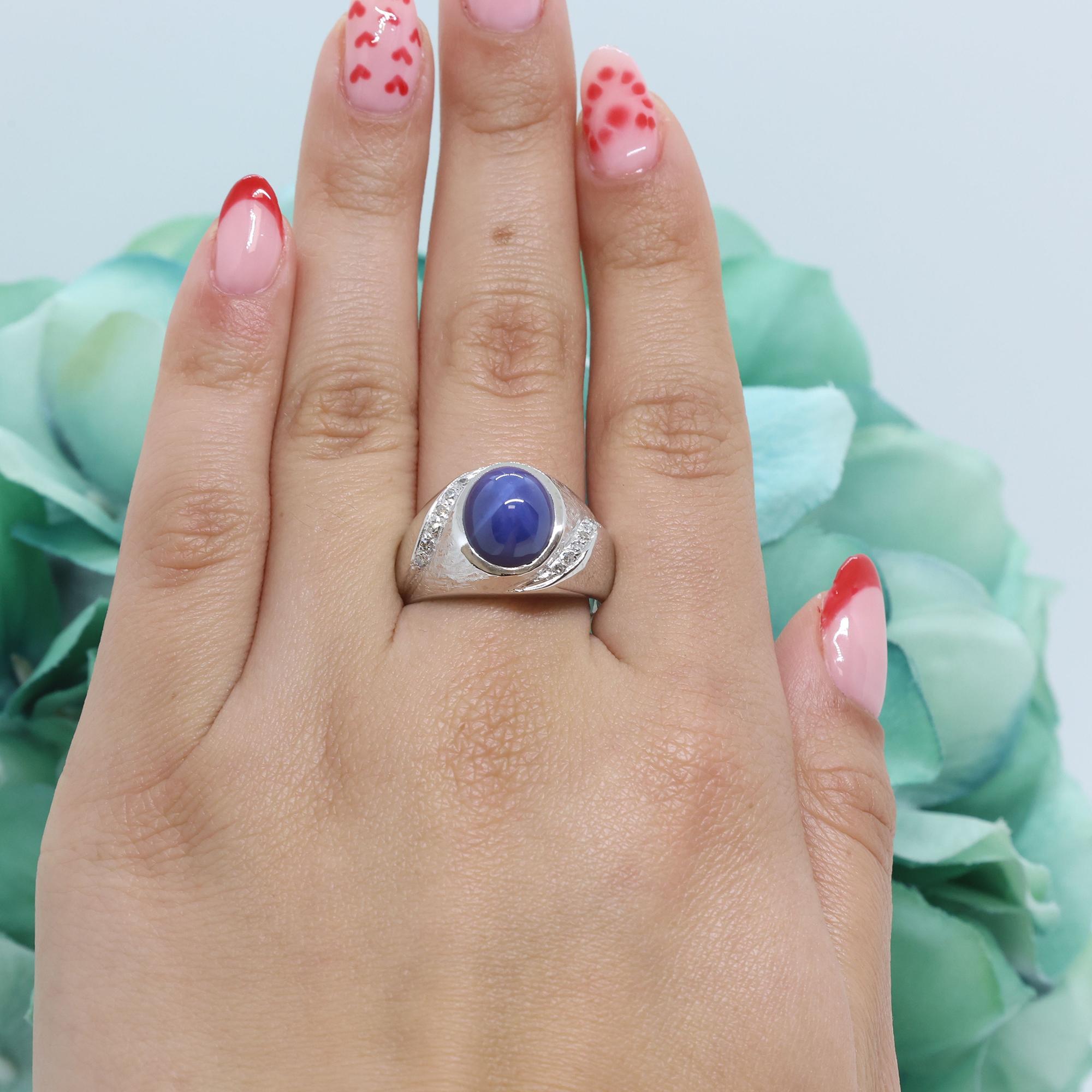 Star Sapphire Diamond Ring 10K White Gold Cabochon Gemstone 3.35 CTW Size 10.5