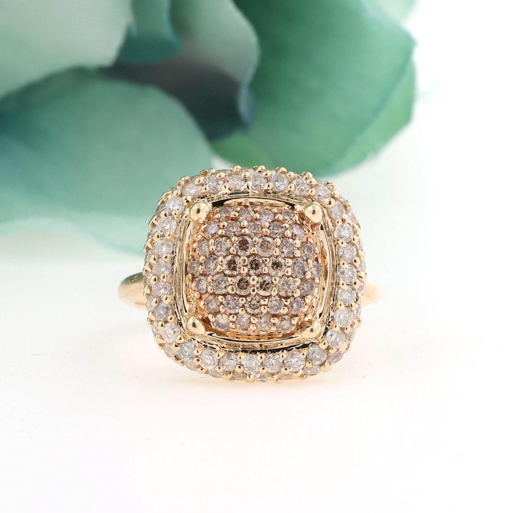 Cluster Halo Diamond Square Ring 14K Yellow Gold 2.15 TW Size 7.5 Ladies Estate