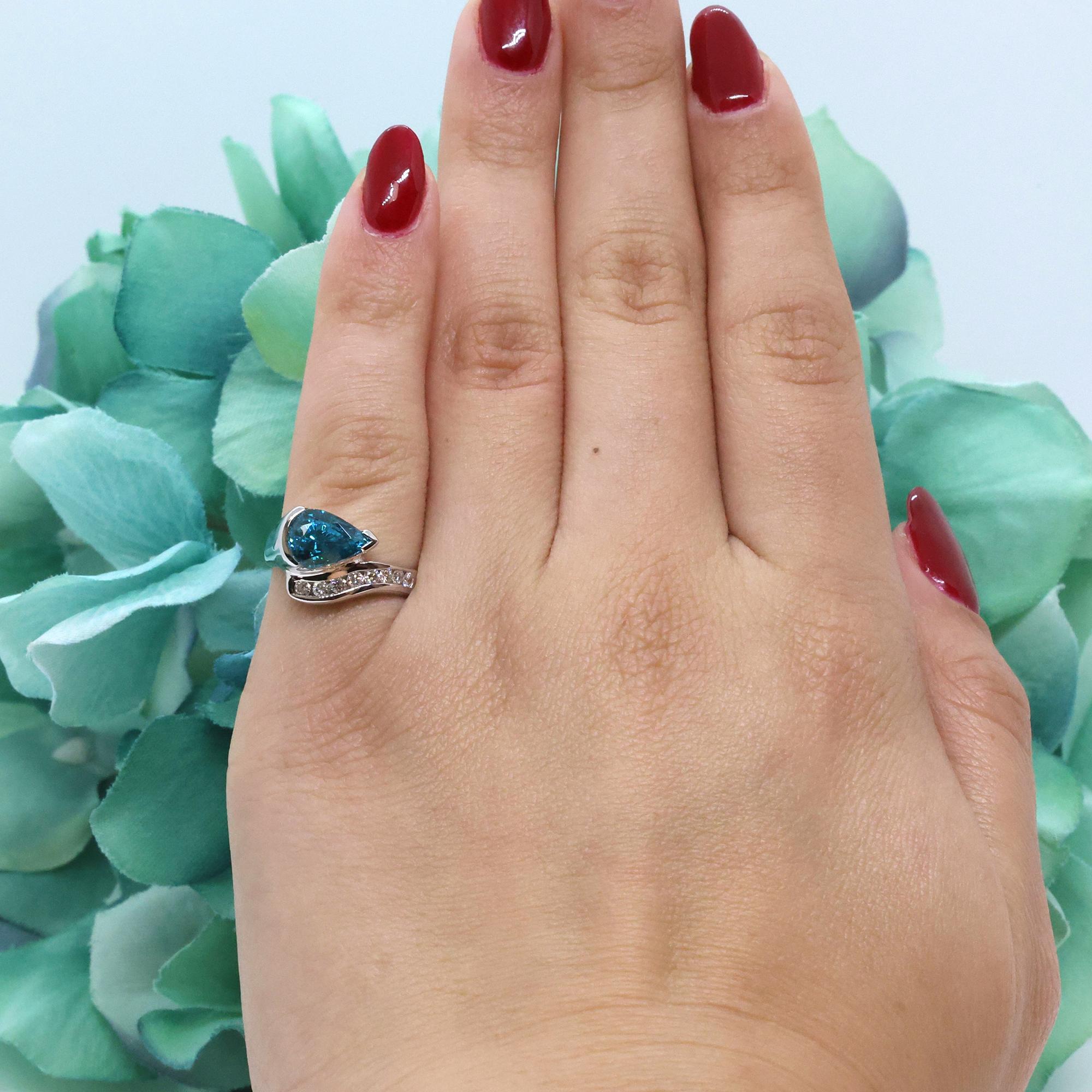 Pear Cut Blue Topaz Diamond Bypass Ring 18K White Gold 1.91 CTW Size 5.5 Ladies