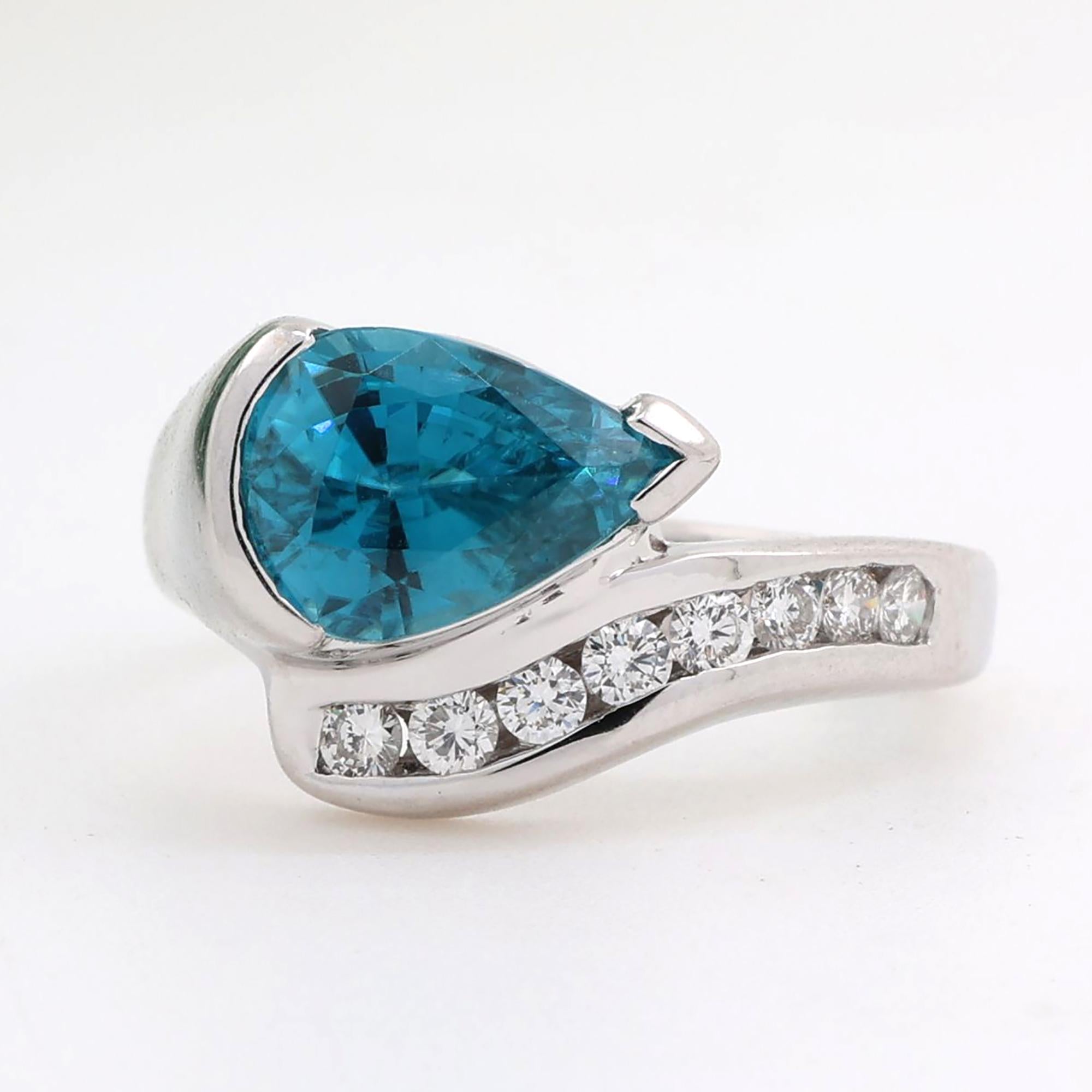 Pear Cut Blue Topaz Diamond Bypass Ring 18K White Gold 1.91 CTW Size 5.5 Ladies