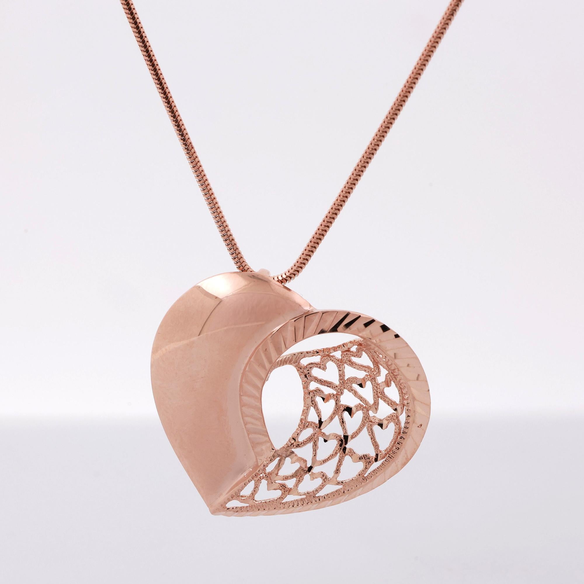 Filigree Heart Pendant Snake Chain Necklace 14K Rose Gold 3D 20" Ladies Estate